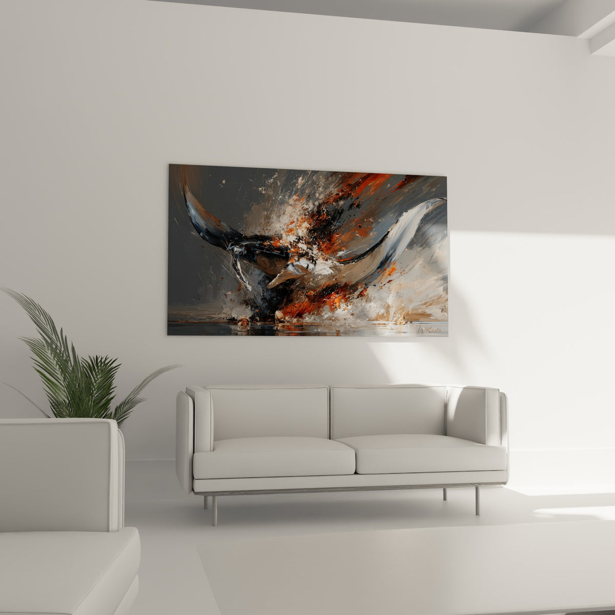 Silhouette de raie manta noire et orange accrochée au-dessus d'un canapé dans un salon lumineux