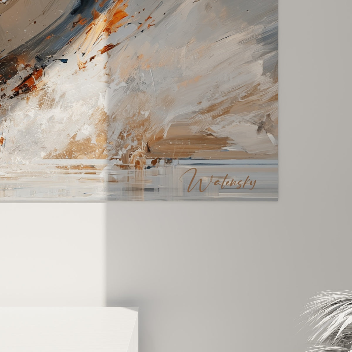 Matière picturale épaisse en gris, orange brûlé et blanc formant le corps d'une raie manta