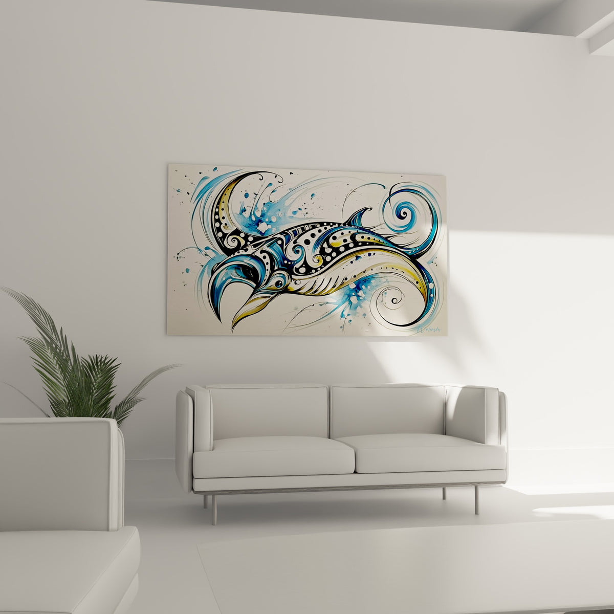 Raie manta ornementale en bleu profond et jaune ocre, tourbillons calligraphiques, au-dessus d'un canapé dans un salon lumineux