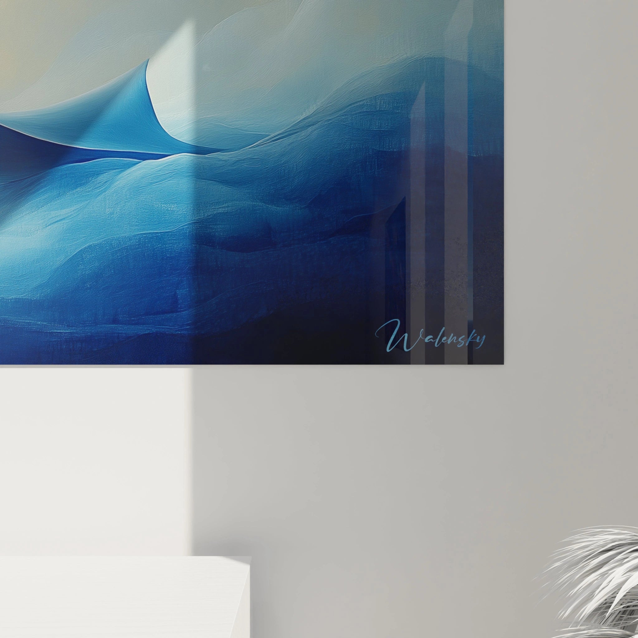 Tableau raie manta Walensky aux tons bleus capturant un paysage marin abstrait