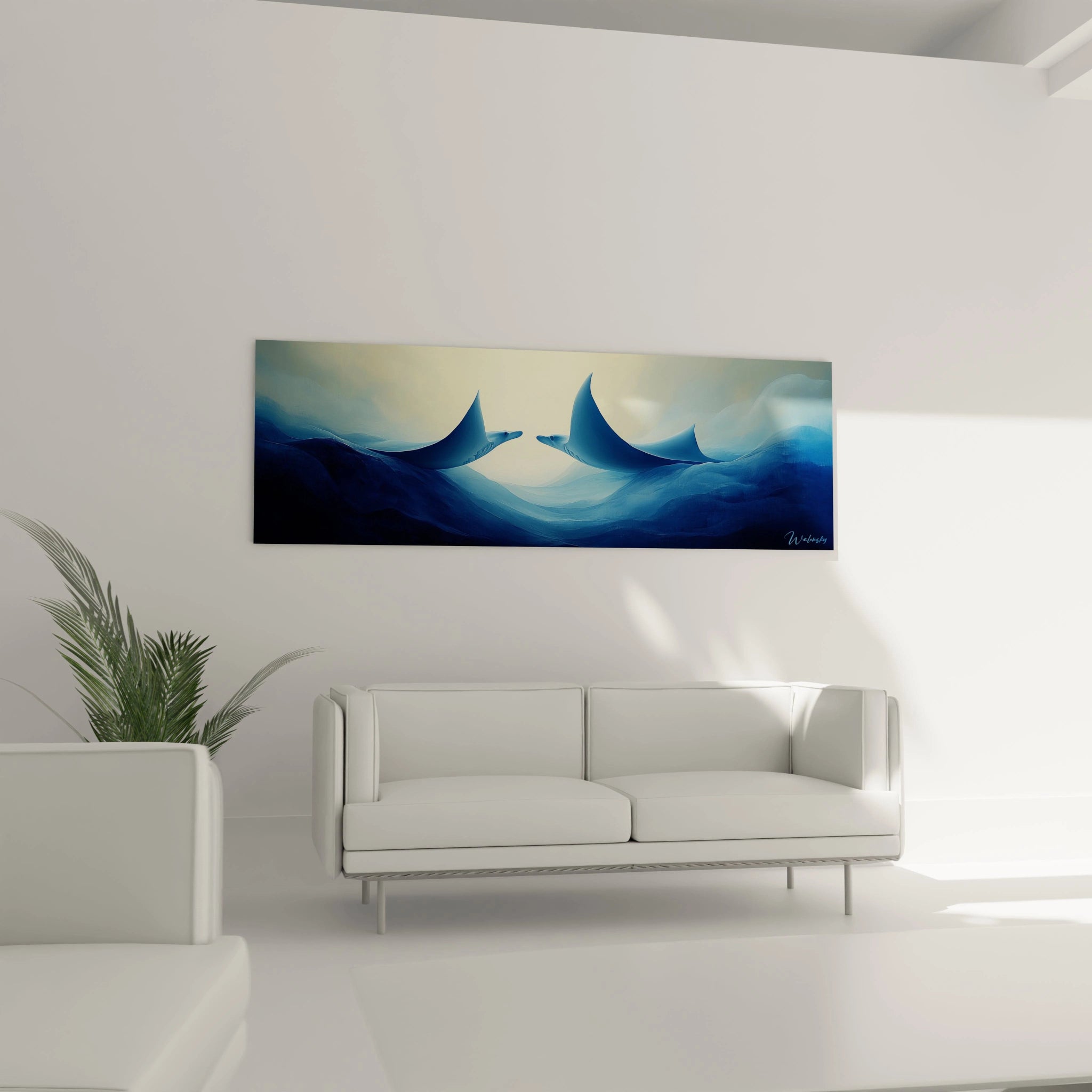 Tableau raie manta Walensky décoratif avec un design bleu représentant deux raies mantas en pleine mer