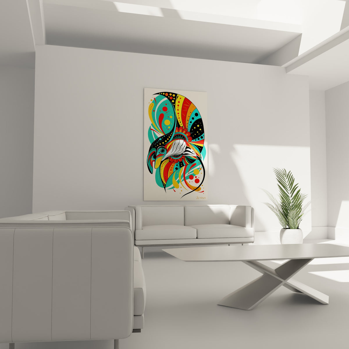 Motifs vectoriels rouge et turquoise de la raie manta suspendus au-dessus d'un canapé dans un salon lumineux