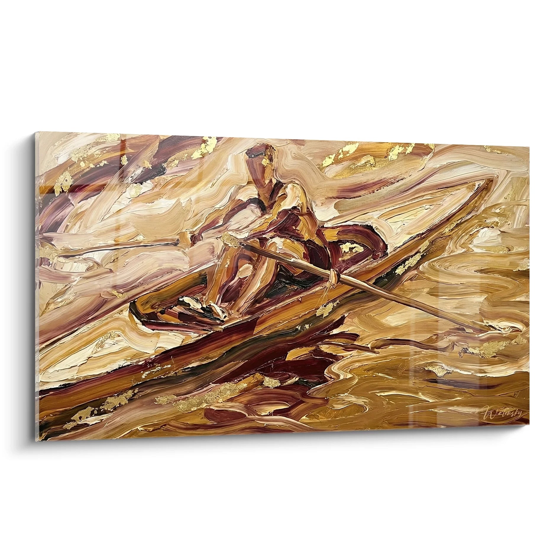 Tableau abstrait rameur en action tons dorés art mural aviron moderne