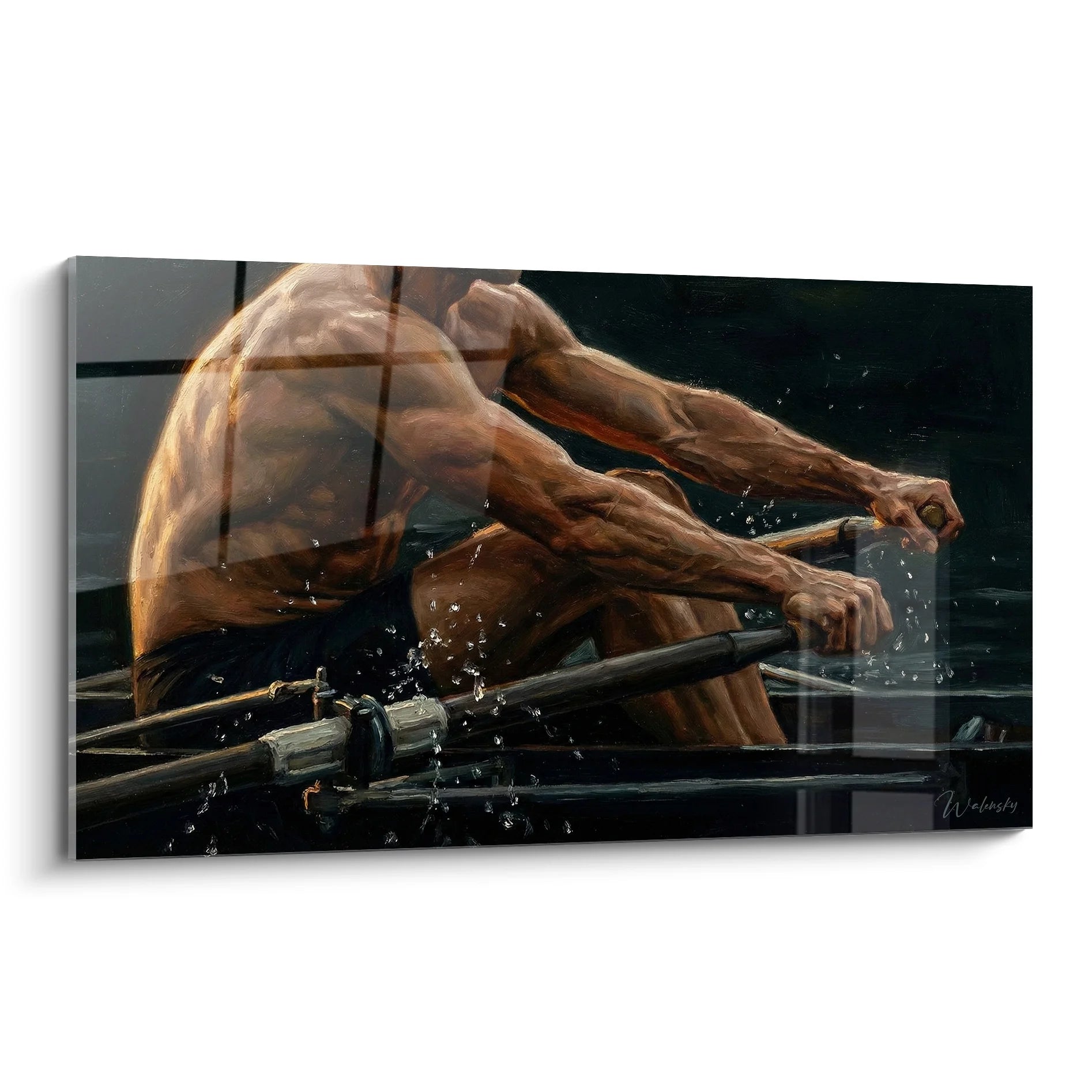 Tableau rameur effort montrant un athlete musclé sur ergometre aviron avec éclaboussures eau réalistes