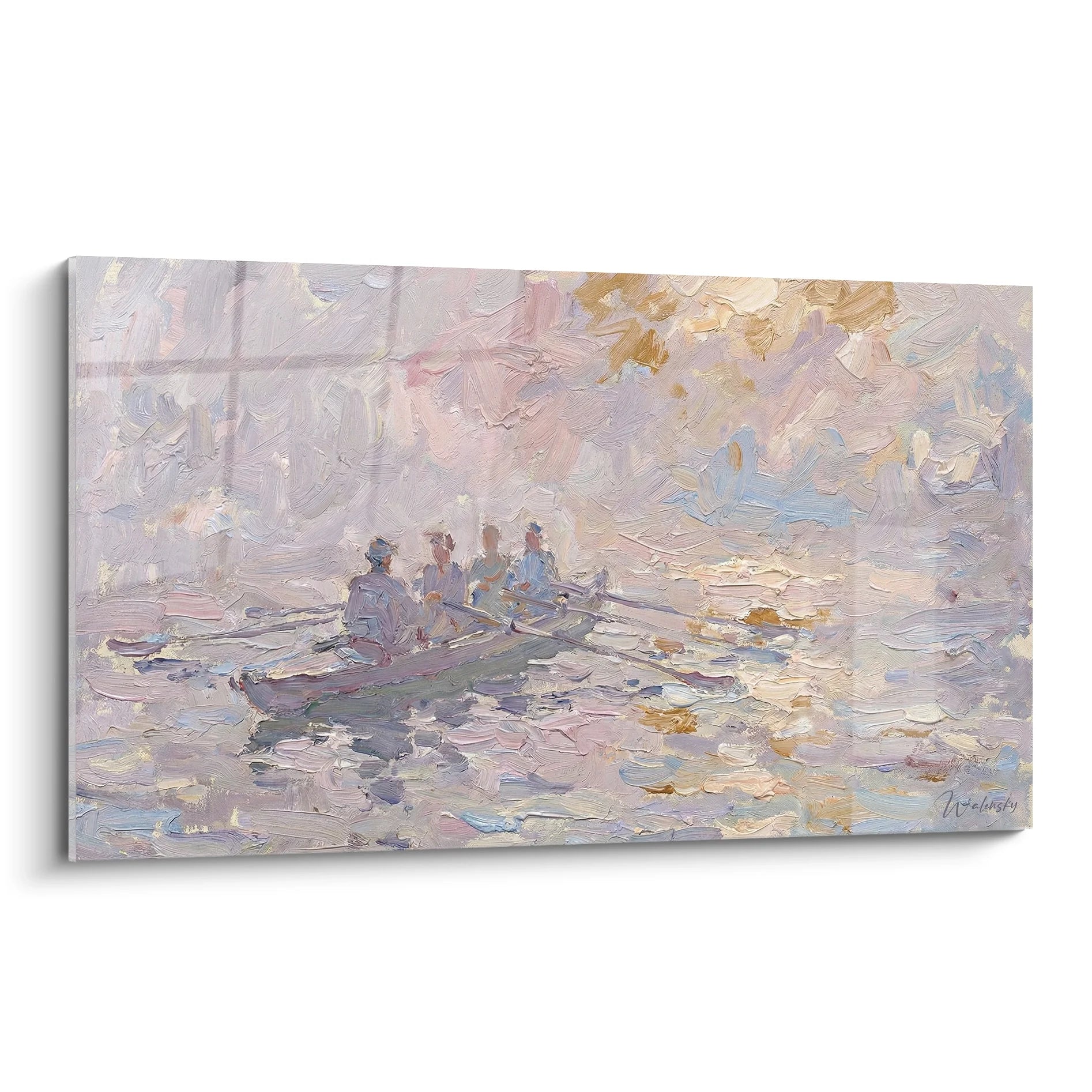 Tableau impressionniste représentant quatre rameurs sur l'eau dans des tons pastel délicats