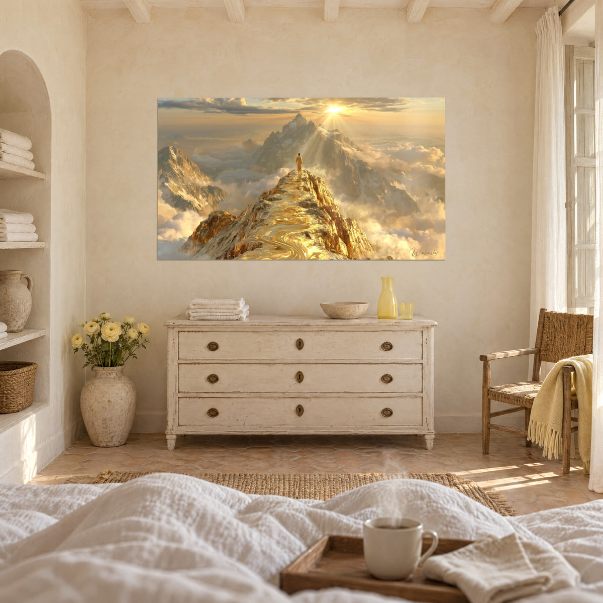 Schilderij rotstop die stroomt van goud, lichte silhouet tegen de zon, crèmekleurige wolken en honingkleurige lucht, boven een bed in een lichte slaapkamer