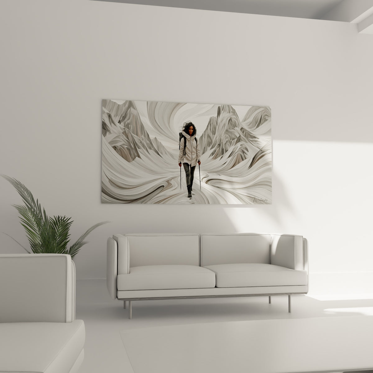 Silhouette déterminée en tenue beige et grise progressant vers des sommets abstraits, au-dessus d'un canapé dans un salon lumineux