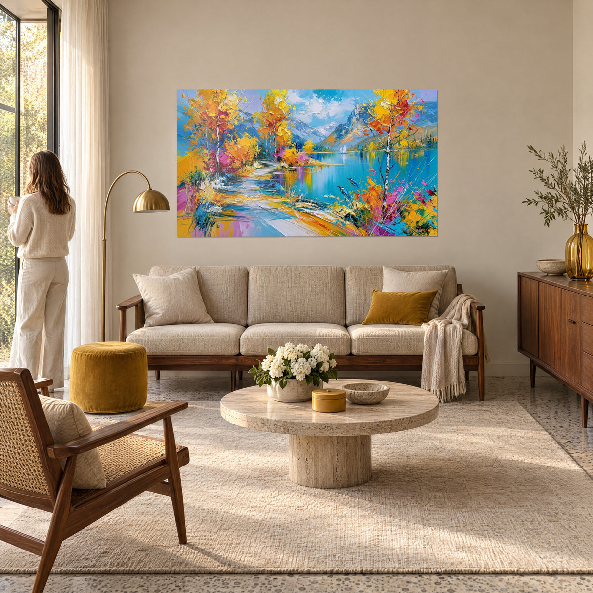 Bouleaux ocre et lac turquoise dominent ce tableau Randonnée au-dessus d'un lit dans une chambre claire