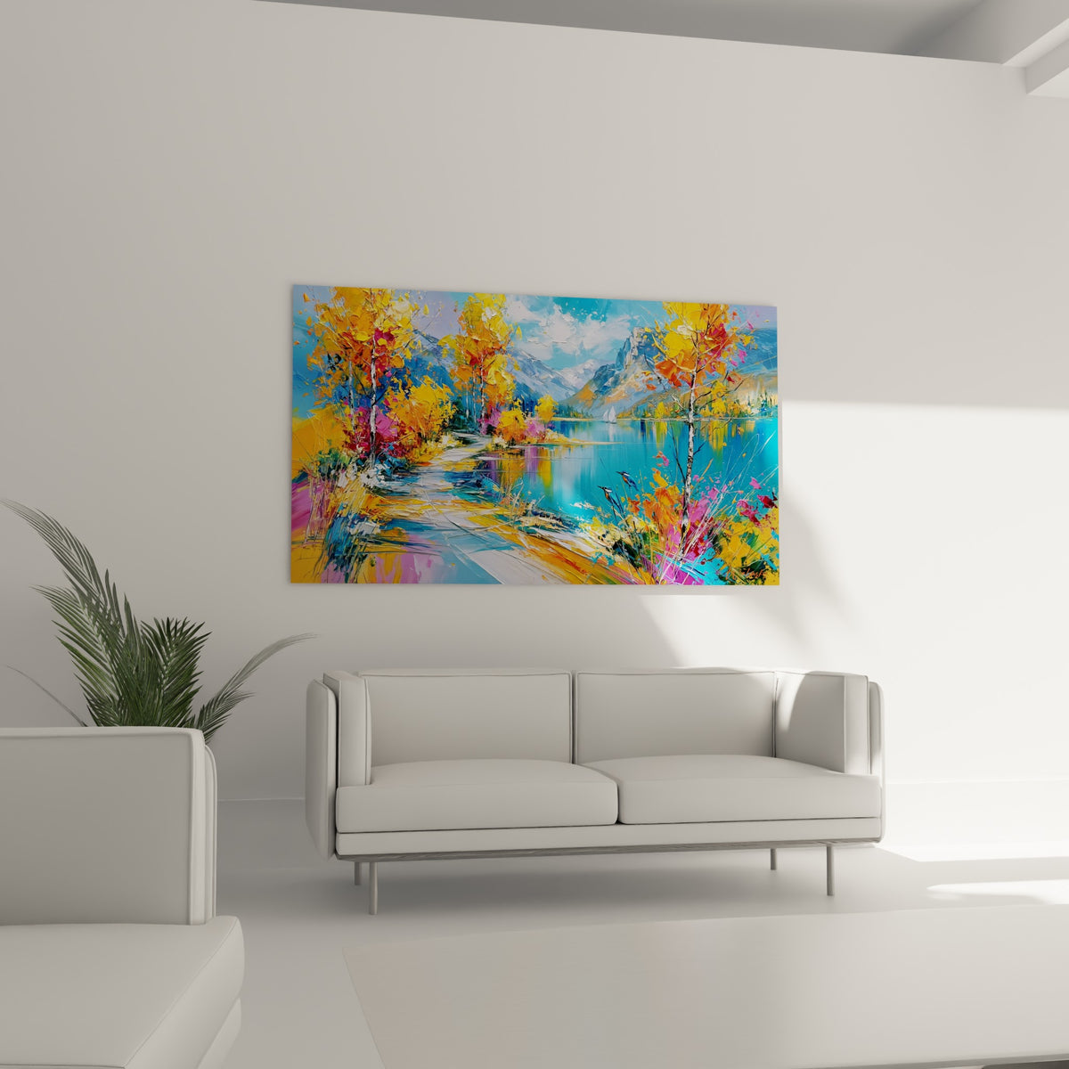 Chemin fauve bordé de fleurs pourpres, ce tableau Randonnée orne un mur au-dessus d'un canapé dans un salon lumineux