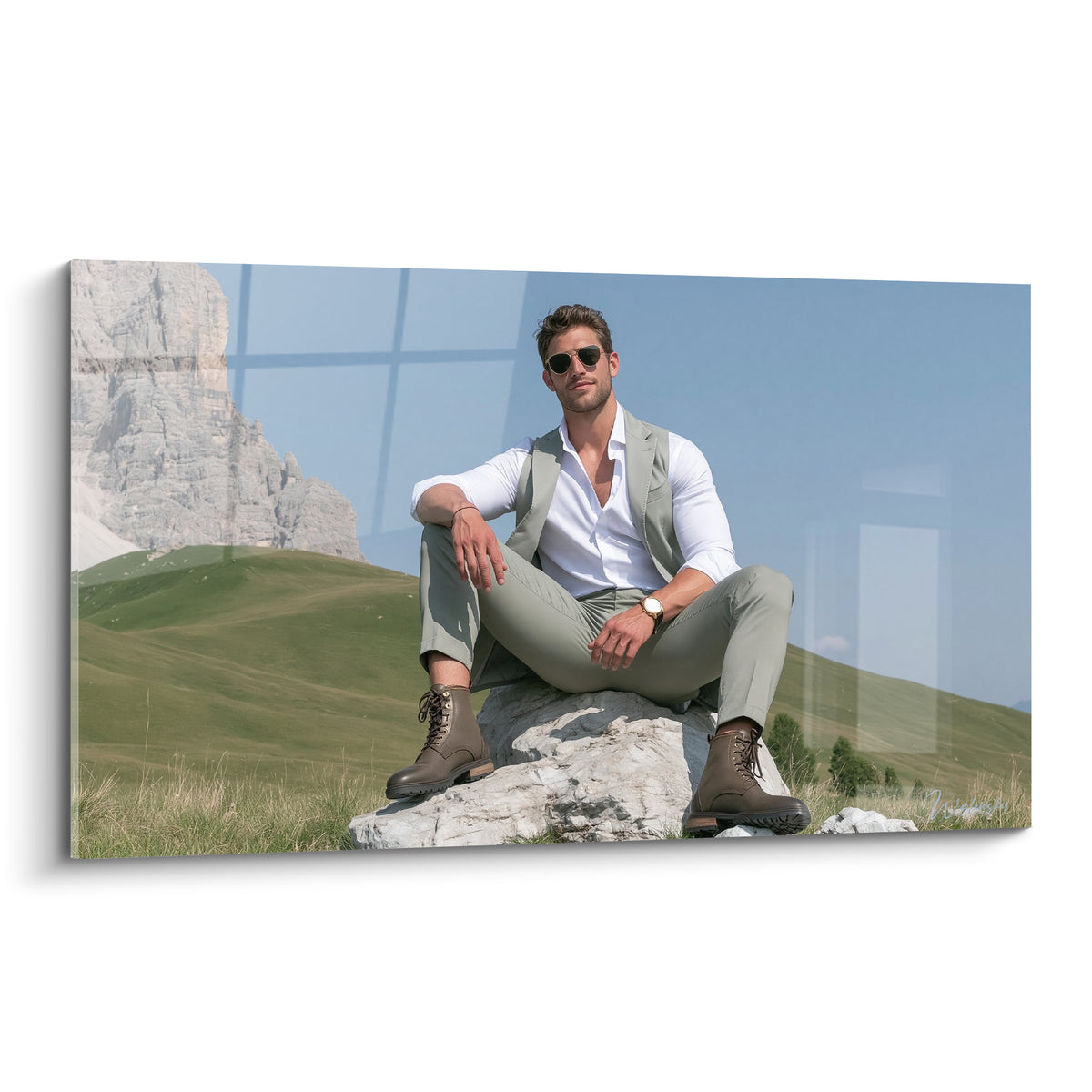 Homme en costume vert sauge assis sur un rocher blanc face à un ciel bleu pastel
