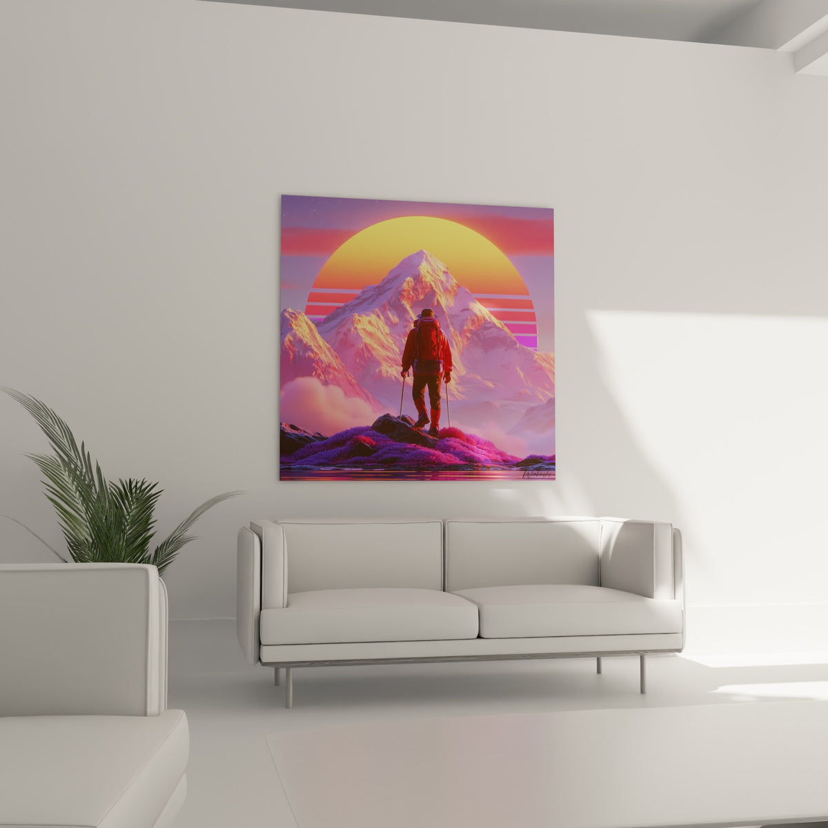 Marcheur face au coucher de soleil rose et violet au-dessus d'un canapé dans un salon lumineux
