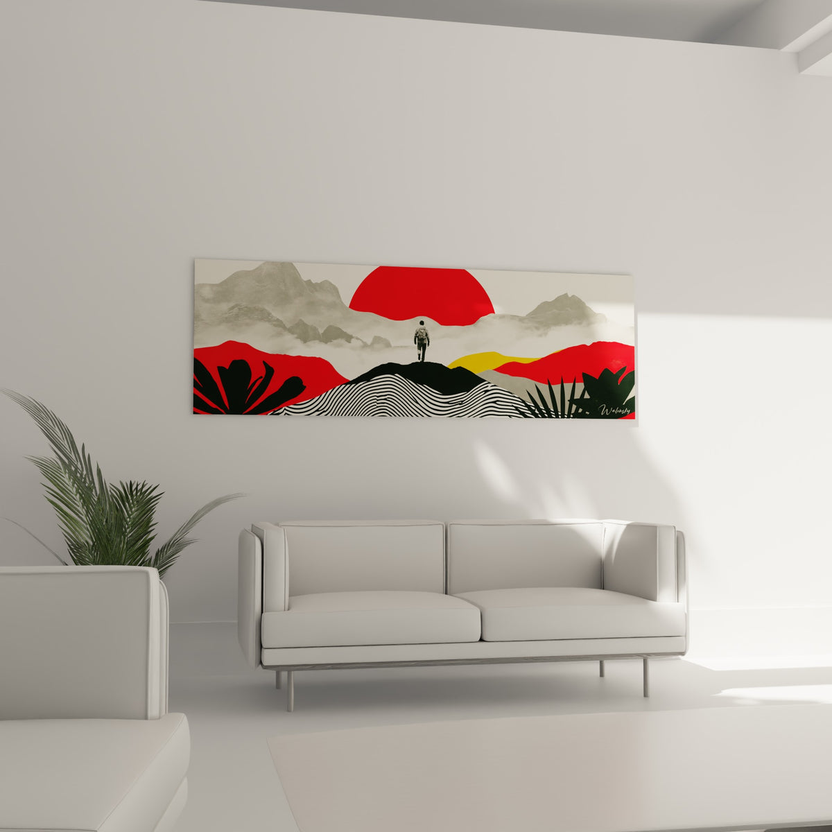 Silhouette du randonneur sur crête noire ondulée, ocre et rouge, au-dessus d'un canapé dans un salon lumineux