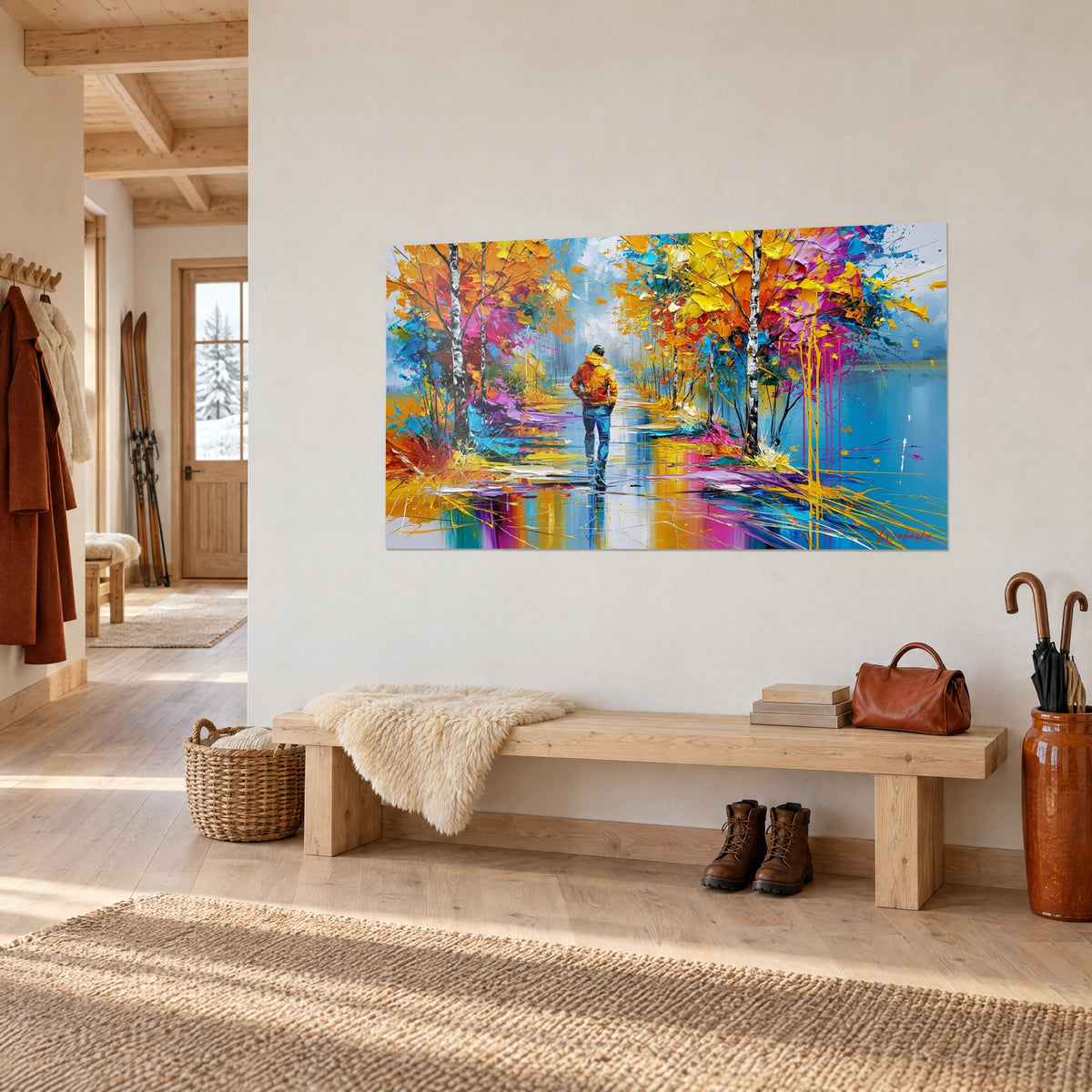Marcheur entouré de feuillages jaunes et turquoise au-dessus d'un canapé dans un salon lumineux