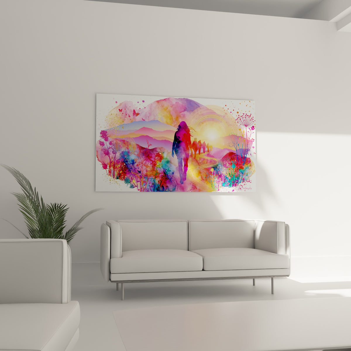 Groupe de randonneurs violets et roses suivant un chemin lumineux, au-dessus d'un canapé dans un salon lumineux
