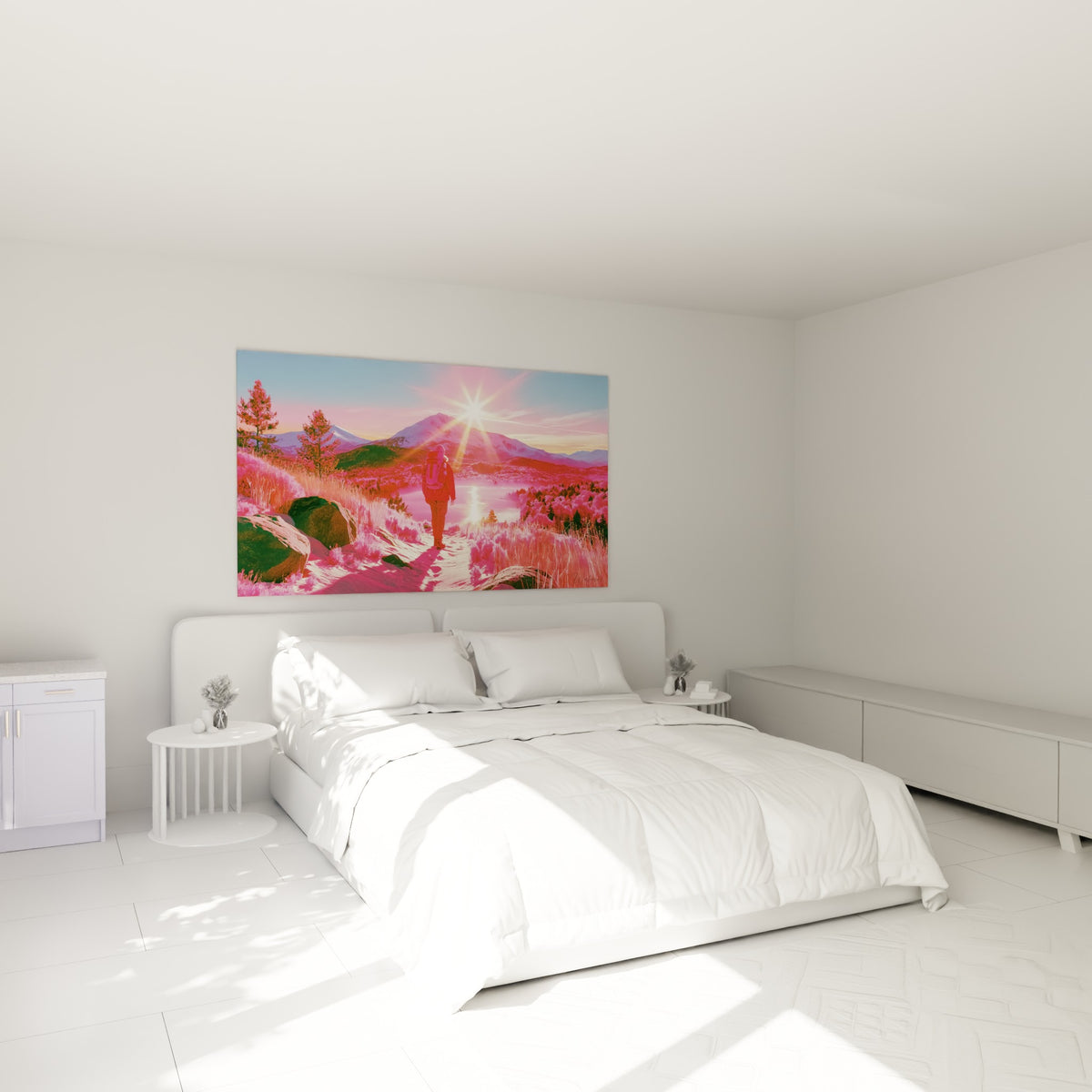 Marcheur sac au dos traversant un paysage rose et bleu, au-dessus d'un lit dans une chambre claire