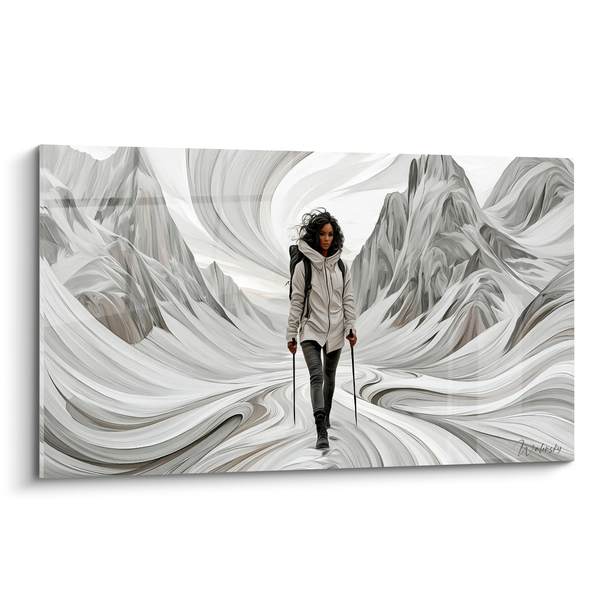 Randonneuse en veste beige et pantalon anthracite avançant dans des montagnes grises ondulantes stylisées