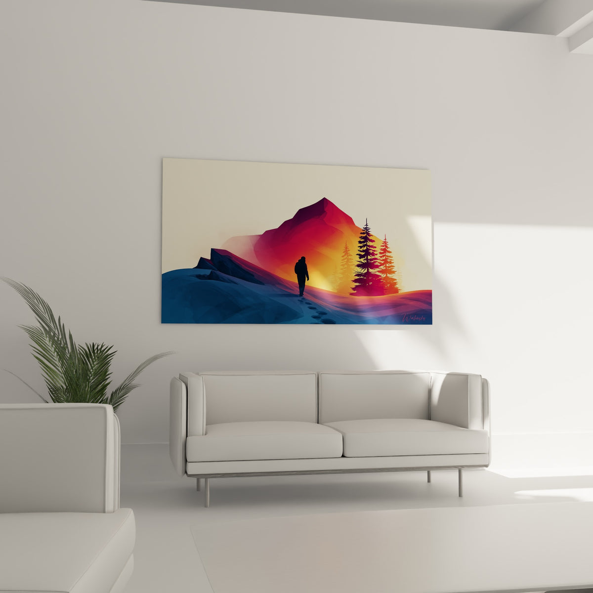 Silhouette sombre avançant vers un pic orangé et pourpre, au-dessus d'un canapé dans un salon lumineux