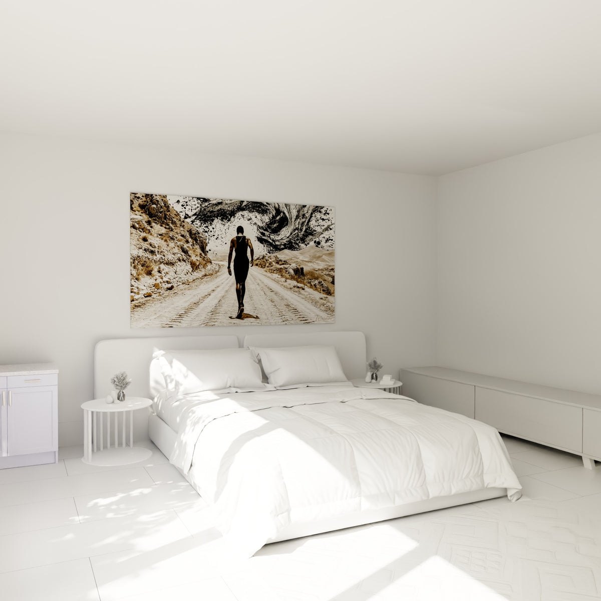 Silhouette avançant sur chemin ocre et sépia, tourbillon noir au-dessus d'un lit dans une chambre claire
