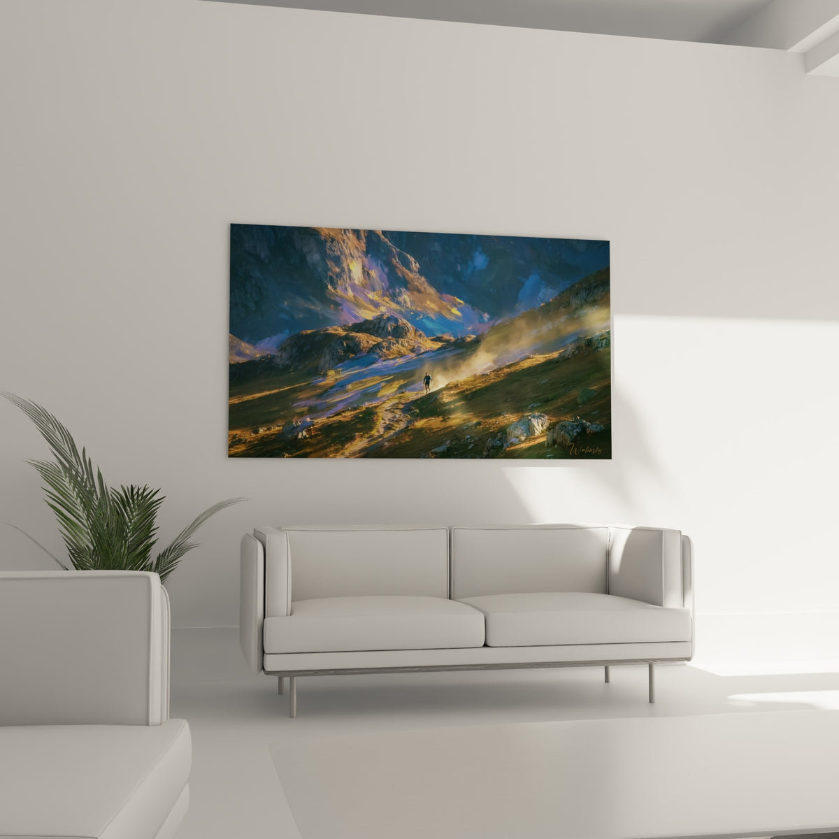 Silhouette gravissant un chemin doré sous un ciel bleu marine, au-dessus d'un canapé dans un salon lumineux