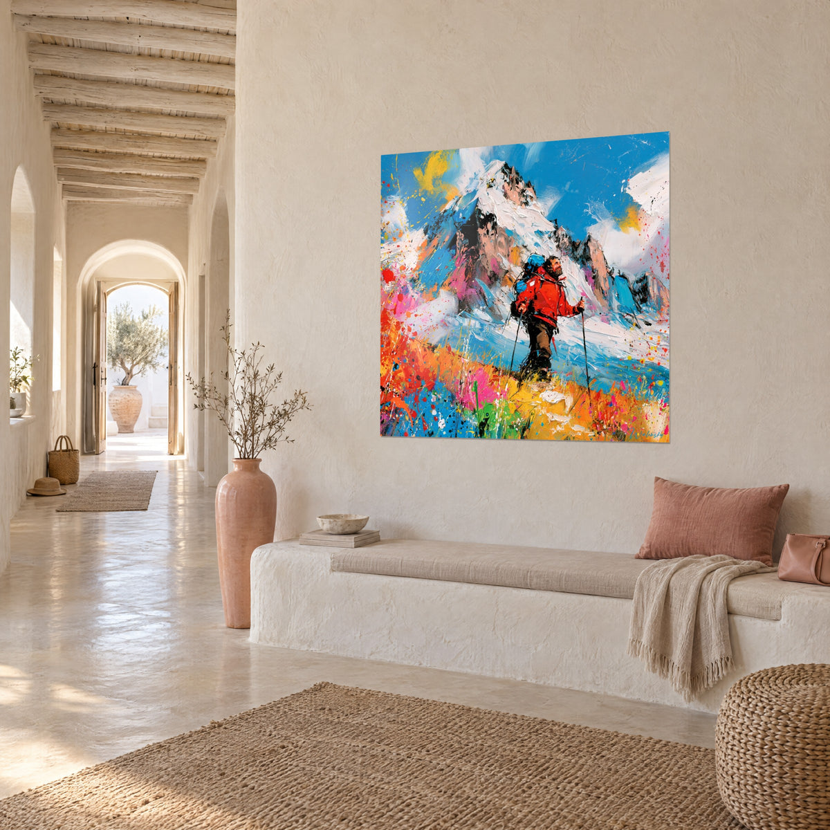 Marcheur solitaire aux couleurs vives et sommet anthracite, au-dessus d'un canapé dans un salon lumineux