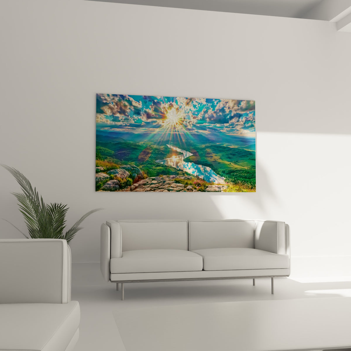 Rivière sinueuse et sommet ocre baignés de lumière turquoise, tableau Randonnée au-dessus d'un canapé dans un salon lumineux