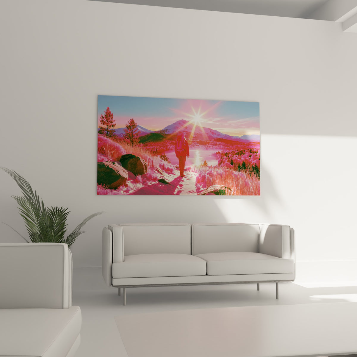 Silhouette rouge avançant vers un lac scintillant sous ciel doré, au-dessus d'un canapé dans un salon lumineux