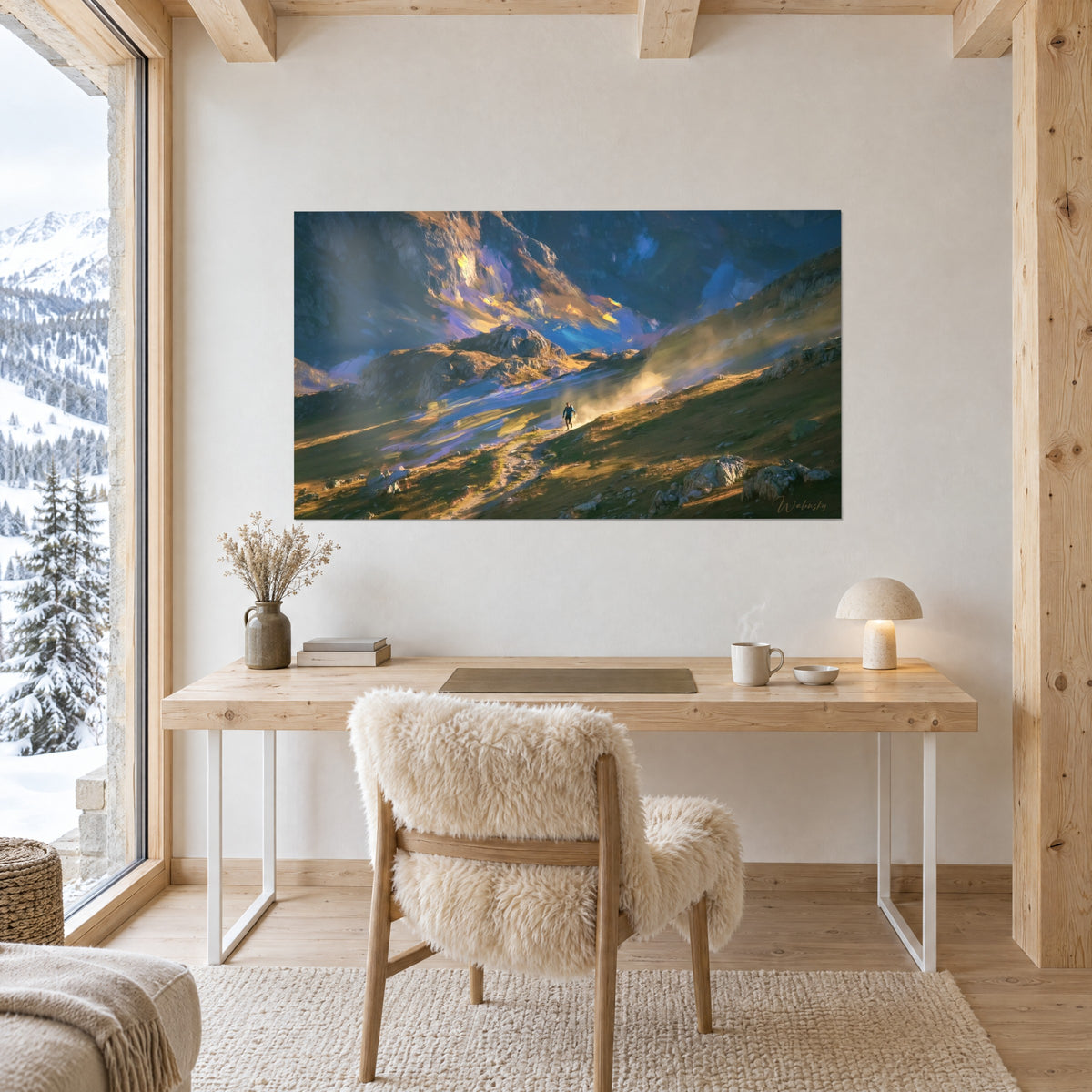 Wall art high-altitude path with lilac and sunshine yellow brushstrokes, small hiker at the centre, above a light wood desk near the picture window