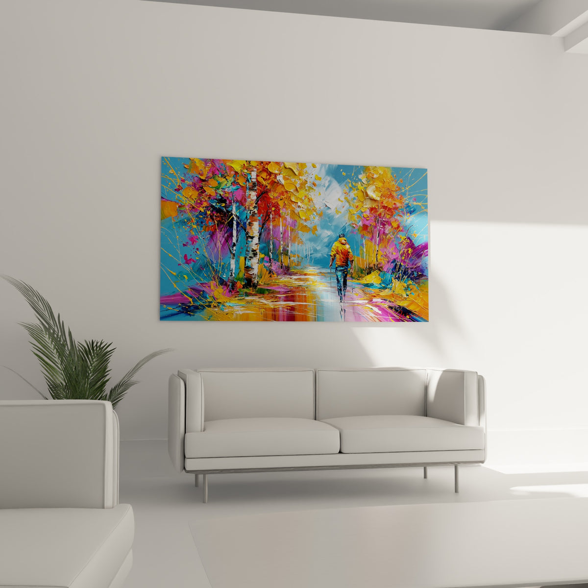 Marcheur solitaire sur chemin doré entouré de feuillage bleu et rose, au-dessus d'un canapé dans un salon lumineux
