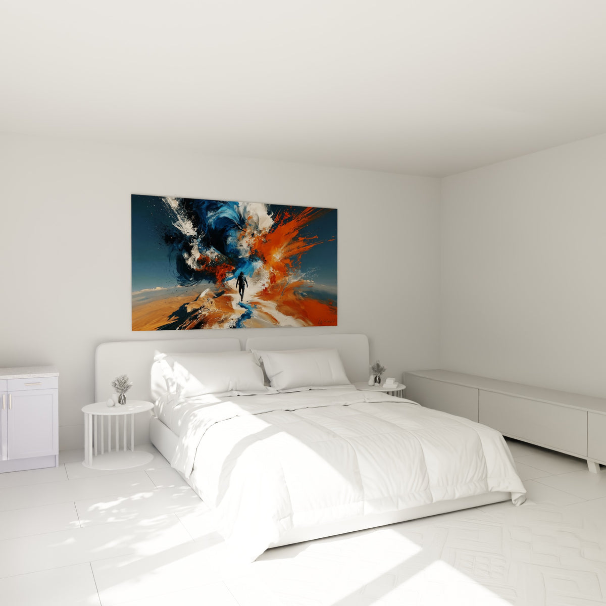 Marcheur solitaire entouré de tourbillons orangés au-dessus d'un lit dans une chambre claire