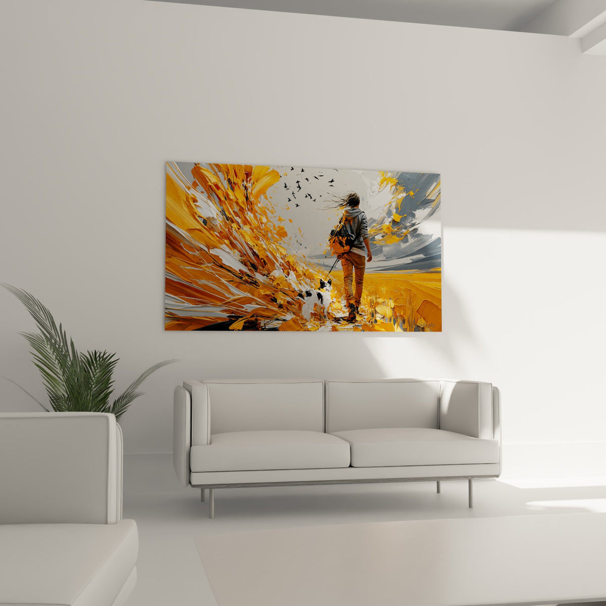 Marcheur et chien traversant une toile ocre et anthracite au-dessus d'un canapé dans un salon lumineux