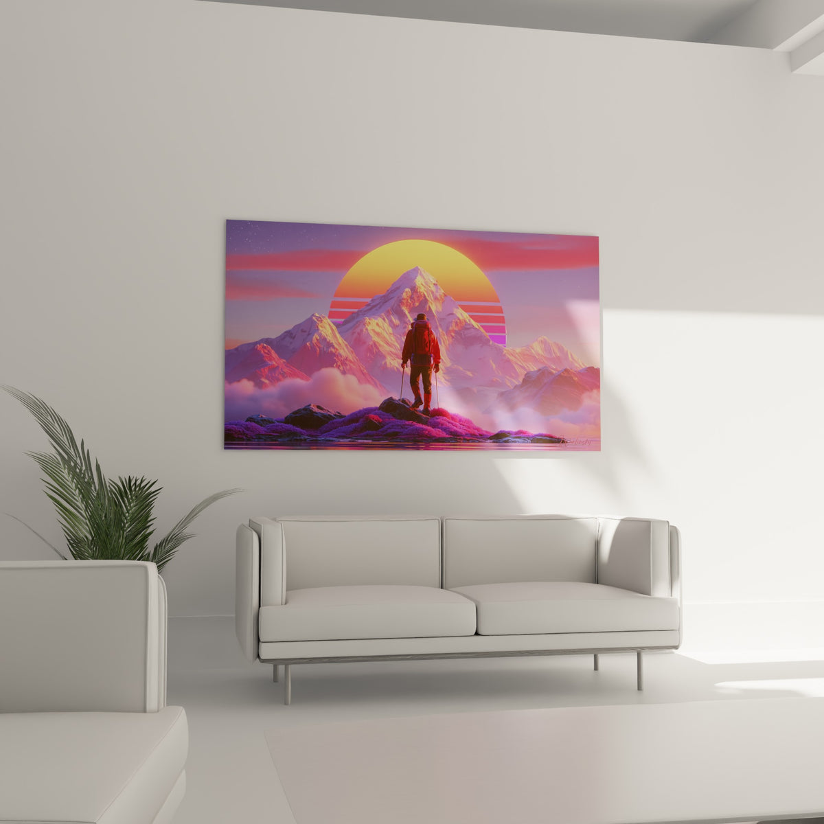 Silhouette du randonneur bâtons en main sous un ciel mauve, au-dessus d'un canapé dans un salon lumineux
