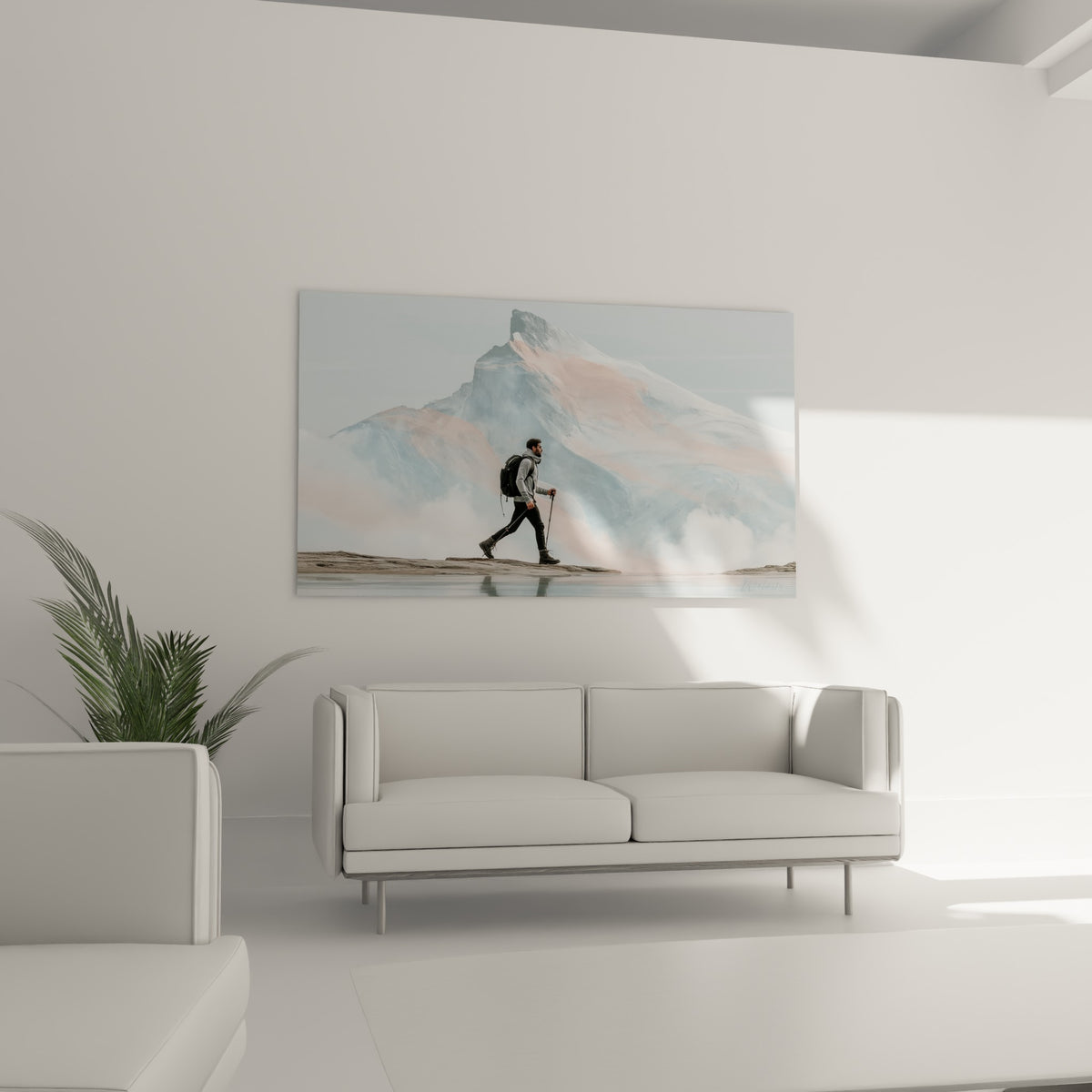 Silhouette d'un randonneur sac au dos devant un pic rose et bleu, au-dessus d'un canapé dans un salon lumineux