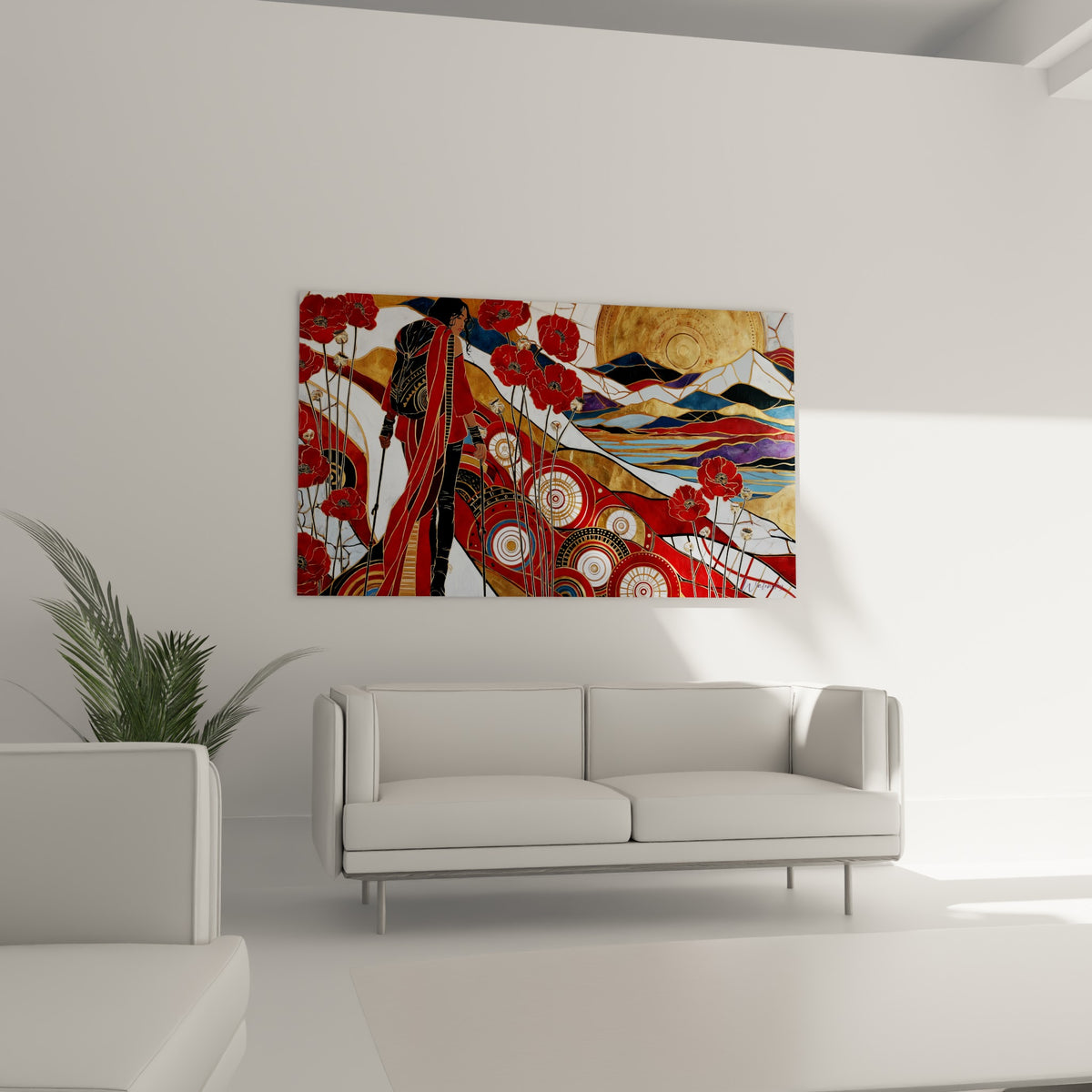 Femme en randonnée vêtue de rouge sous un soleil doré, disposée au-dessus d'un canapé dans un salon lumineux