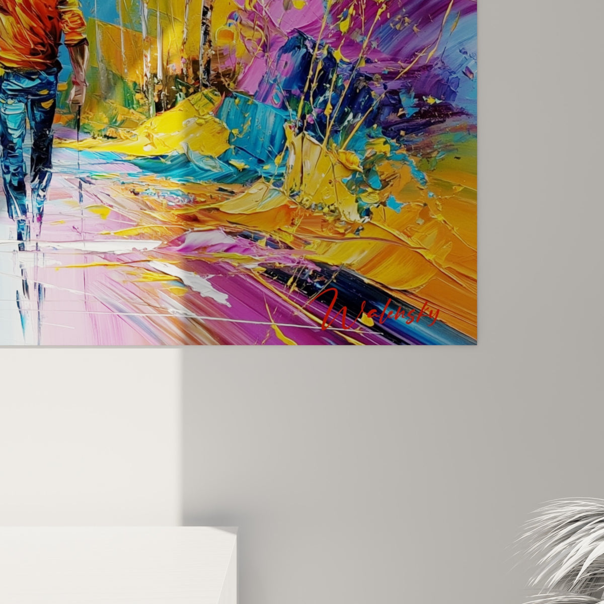 Empâtements épais de peinture dorée et violette révélant la texture du feuillage automnal peint au couteau