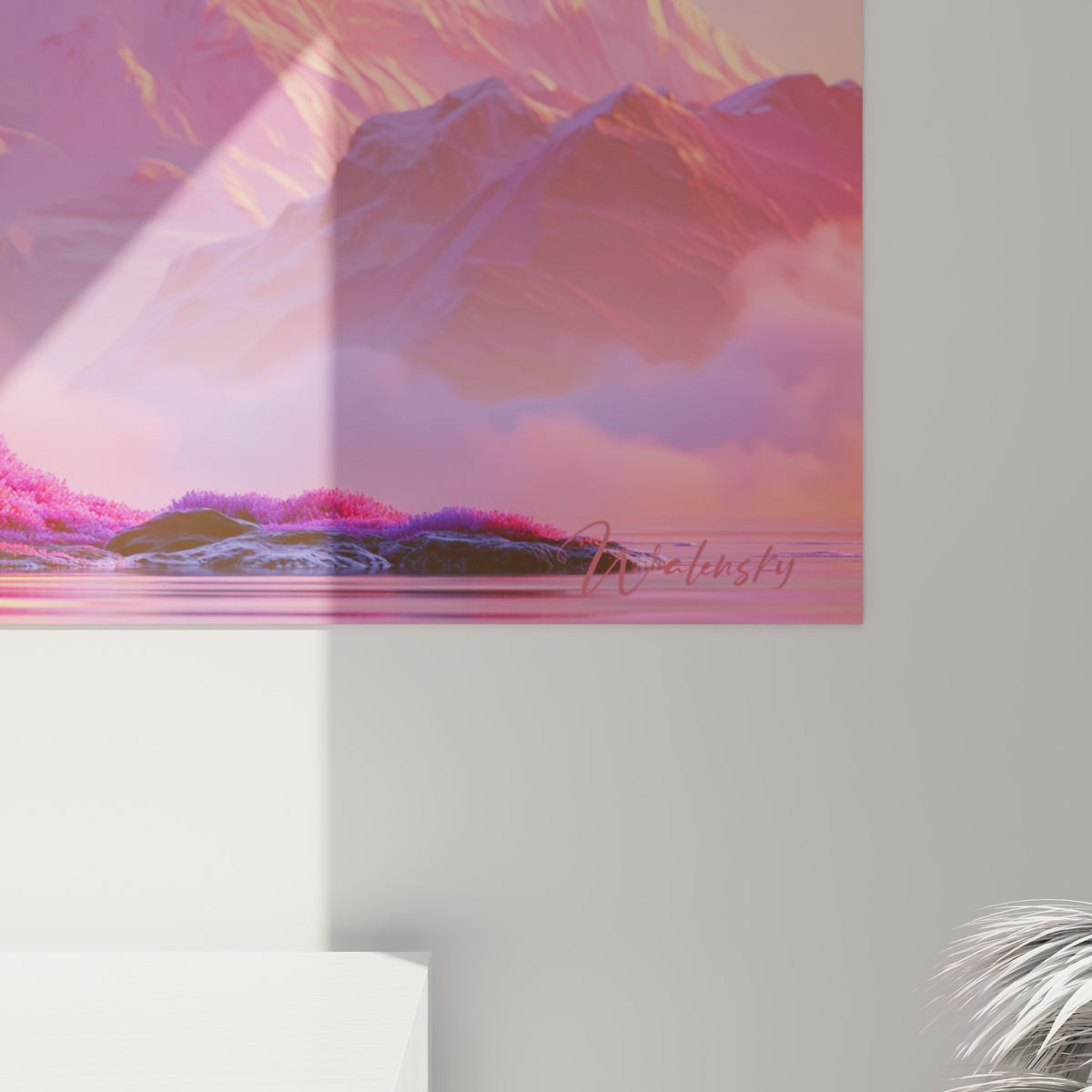 Détails du grain pictural révélant les nuances roses et violettes du coucher de soleil peint