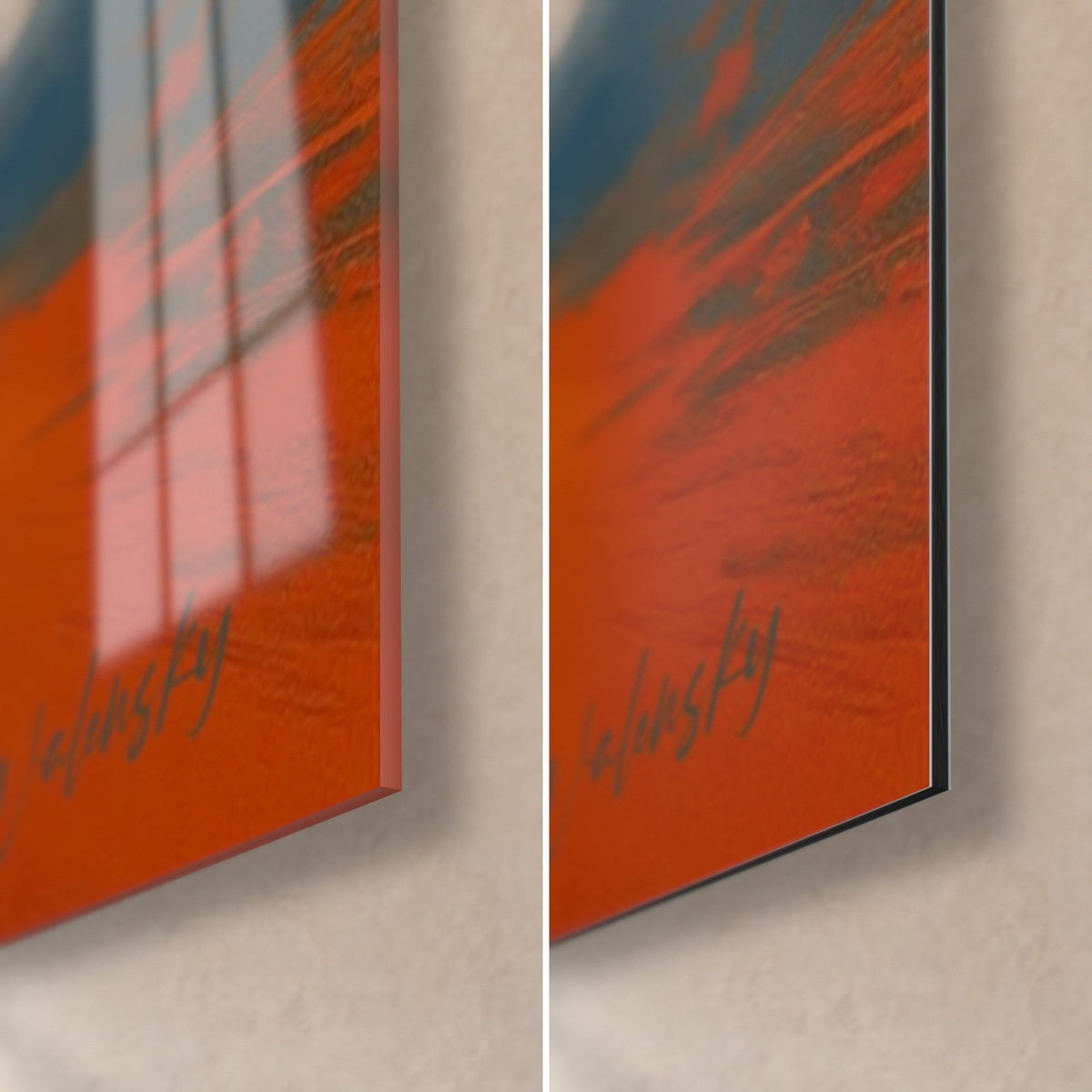 Gemälde Wanderer mit Rucksack, untere rechte Ecke: leuchtend oranges Acrylglas links, matt Dibond rechts, 3 mm Kante