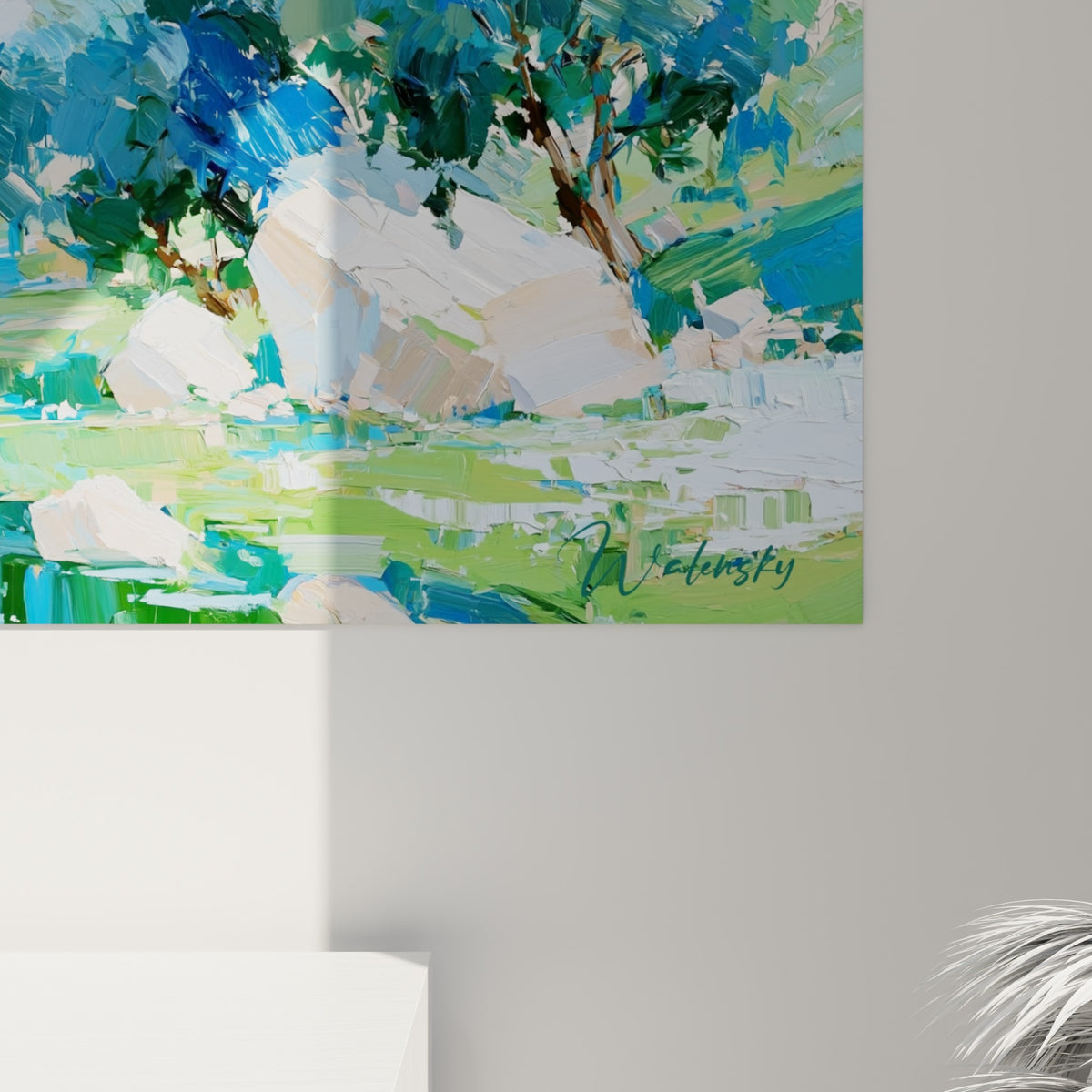 Empâtements épais bleu cobalt et vert olive révélant la matière peinte de ce tableau randonnée