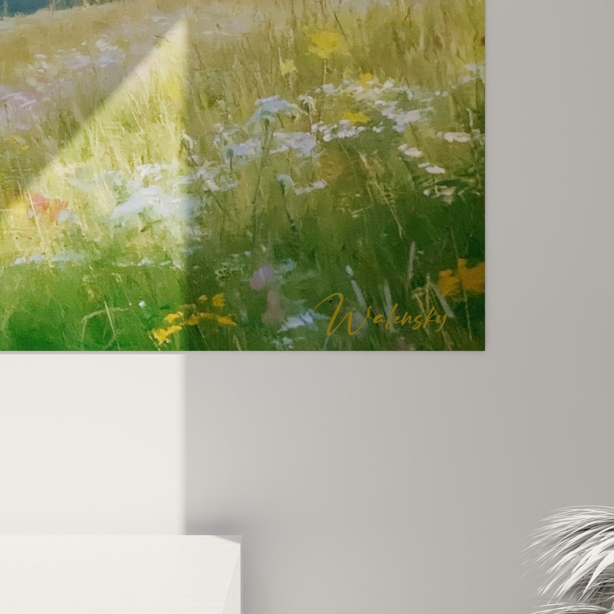 Empâtements colorés révélant les fleurs blanches, roses et jaunes du premier plan peint à l'huile