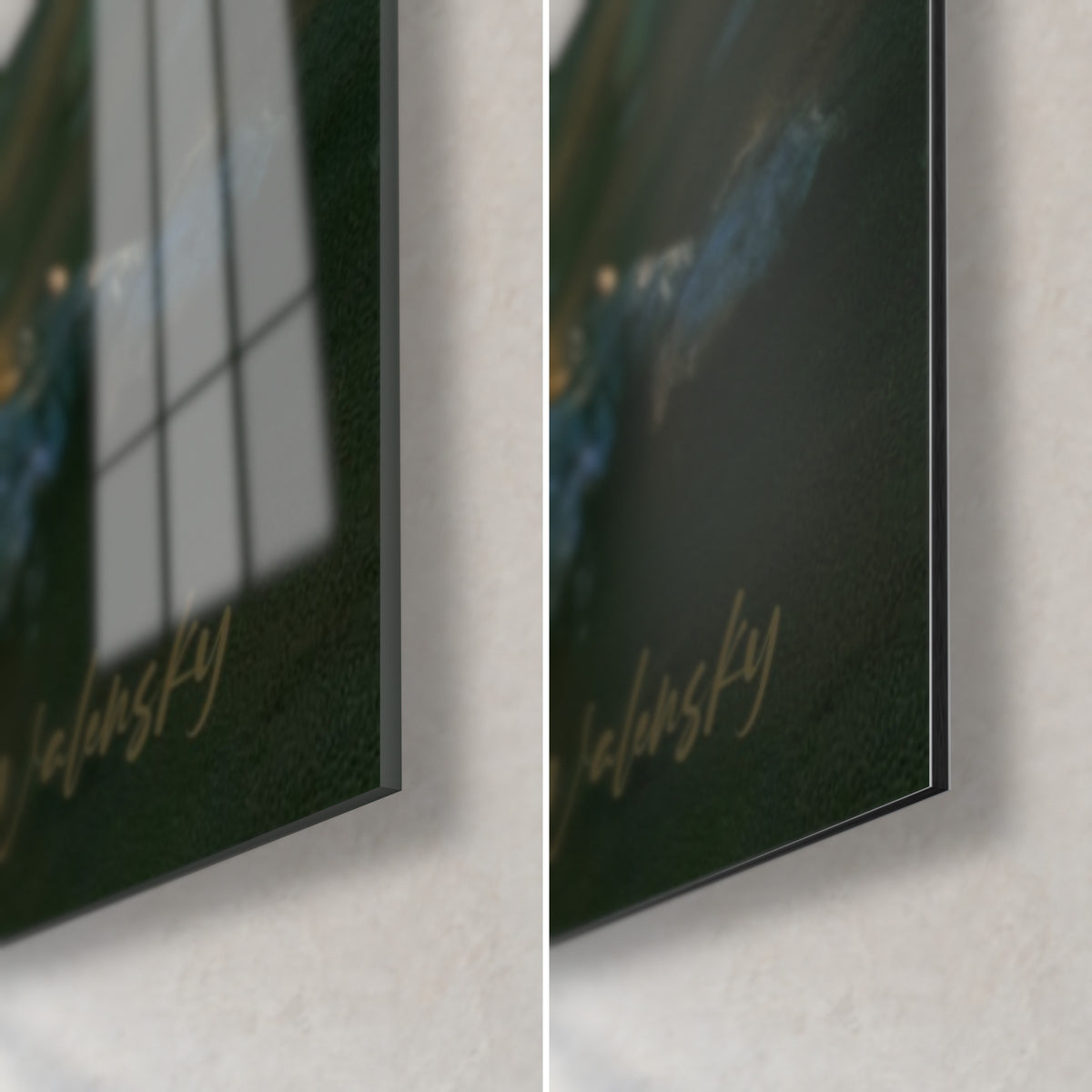 Wall art mountain hiker, bottom right corner: glossy acrylic glass on the left with reflections, matte black Dibond aluminium on the right, 3 mm edge