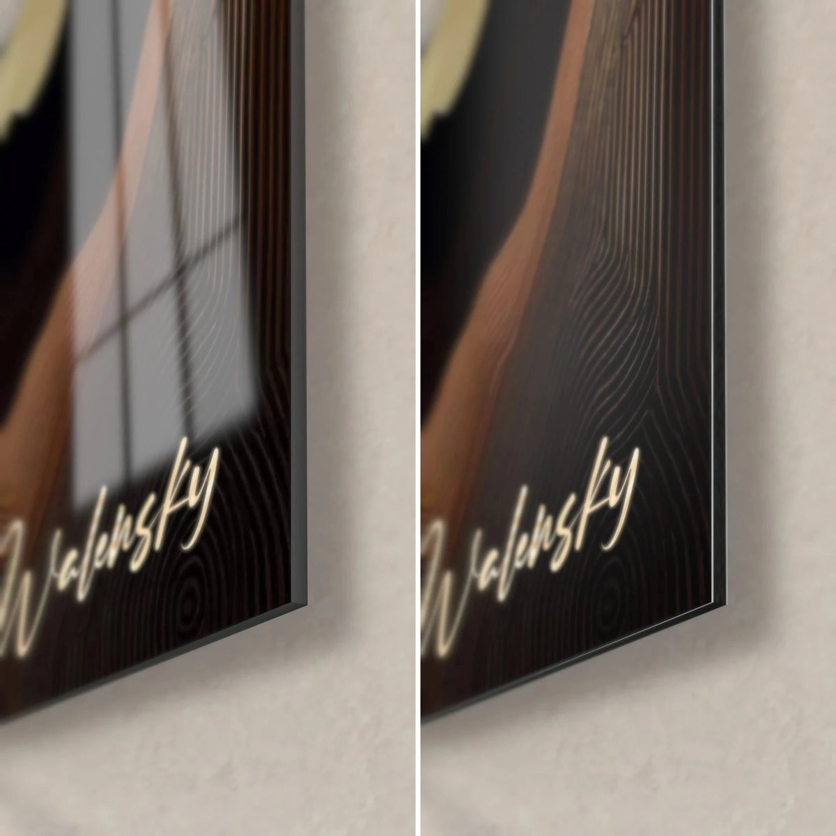 Wall art of black reliefs with ochre lines, bottom right corner: glossy acrylic glass on the left, matte Dibond on the right