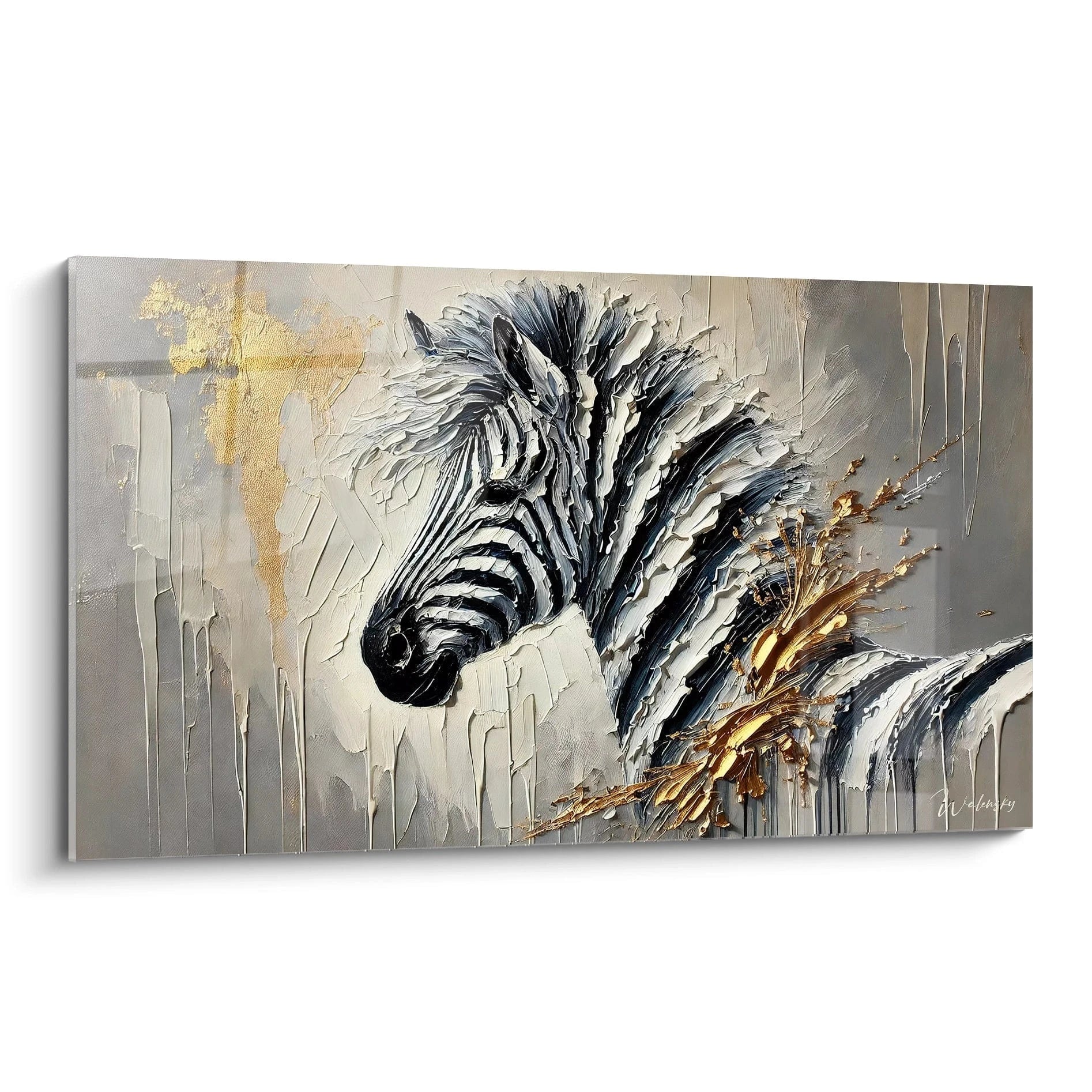 Ce tableau zebre avec des touches dorees et des textures epaisses attire l oeil par ses details et sa profondeur. Une veritable oeuvre d art moderne parfaite pour sublimer votre espace interieur.