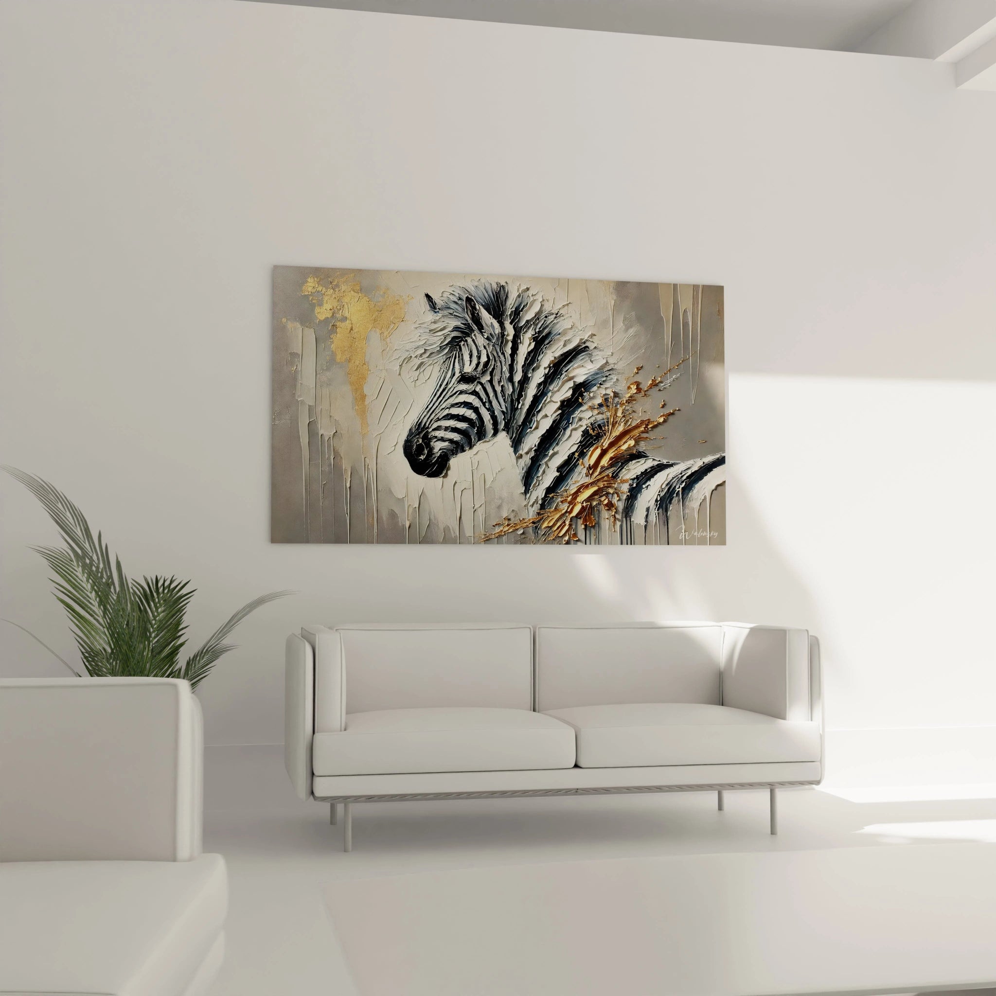 Accroche au-dessus du canape, ce tableau zebre avec ses touches dorees illumine votre salon. Son effet en trois dimensions cree un point focal saisissant et apporte une touche contemporaine.