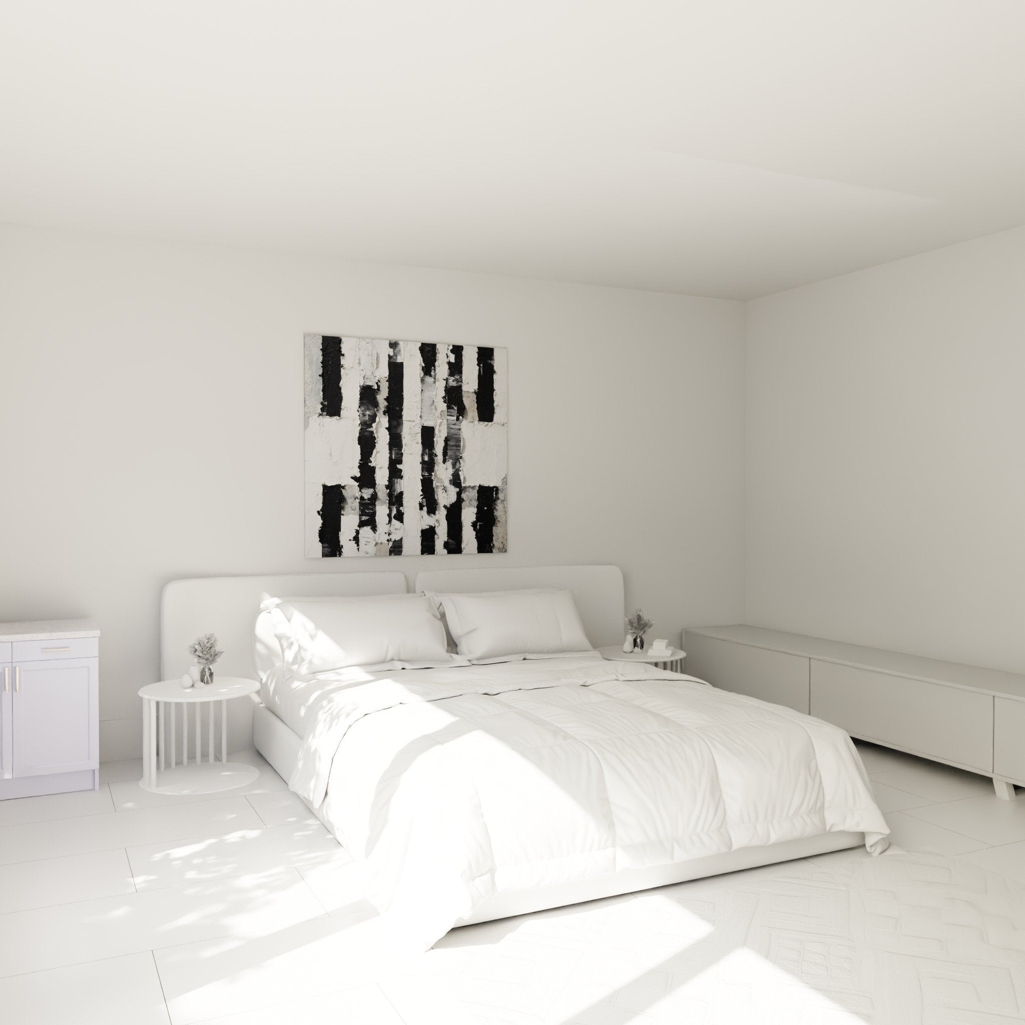 Tableau abstrait noir blanc rayures texturees dans chambre moderne decoration murale feng shui ouest metal
