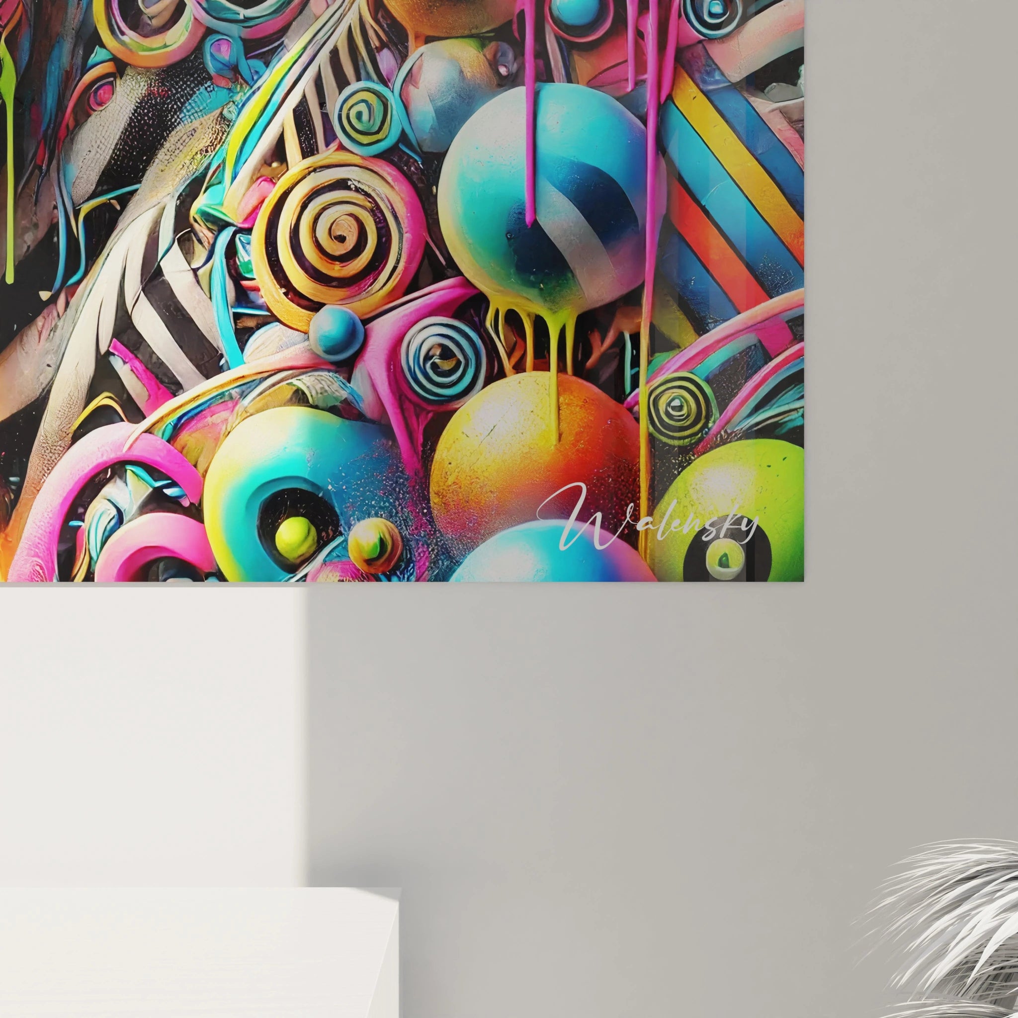 Cette vue rapprochee du tableau zebre met en avant la finesse des rayures et les details artistiques colores, un melange parfait de modernite et de surréalisme.