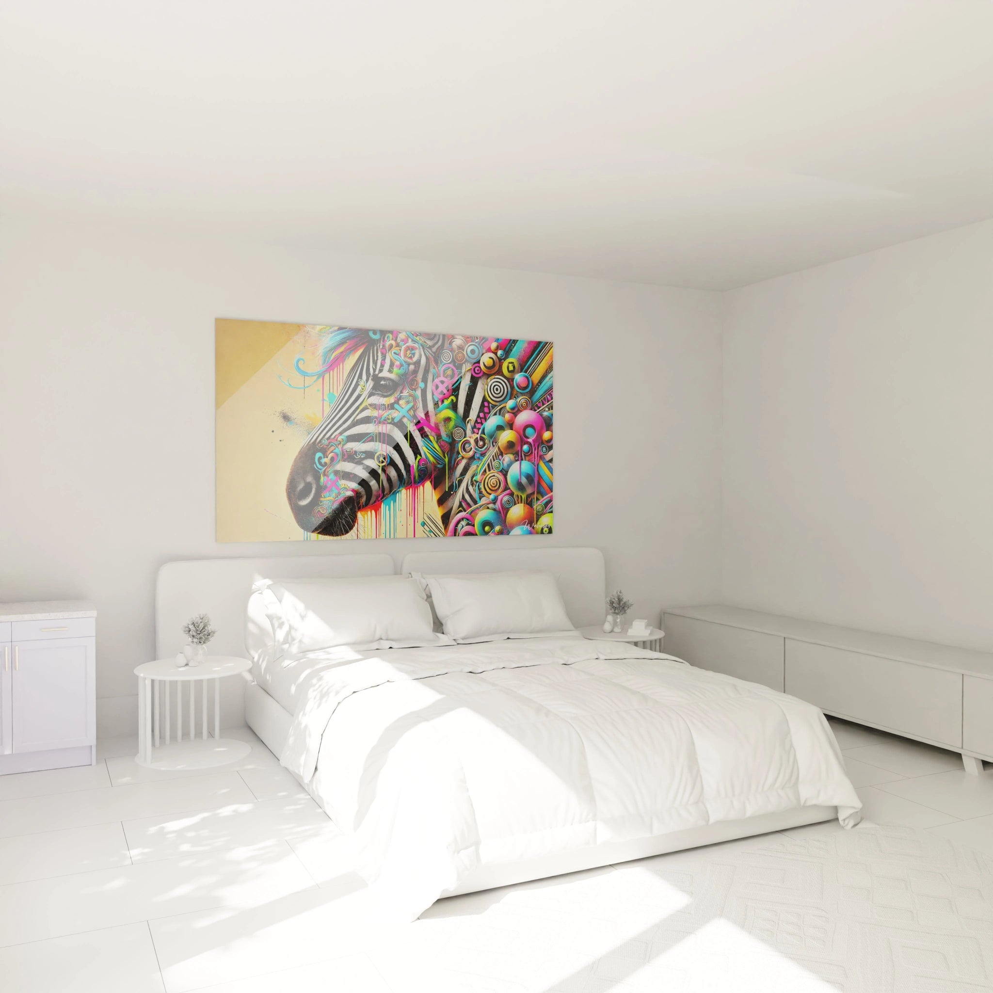 Ce tableau zebre colore illumine la chambre accroche au-dessus du lit. Ses motifs pop et graffiti ajoutent une ambiance vibrante et sauvage, parfait pour un decor creatif et dynamique.