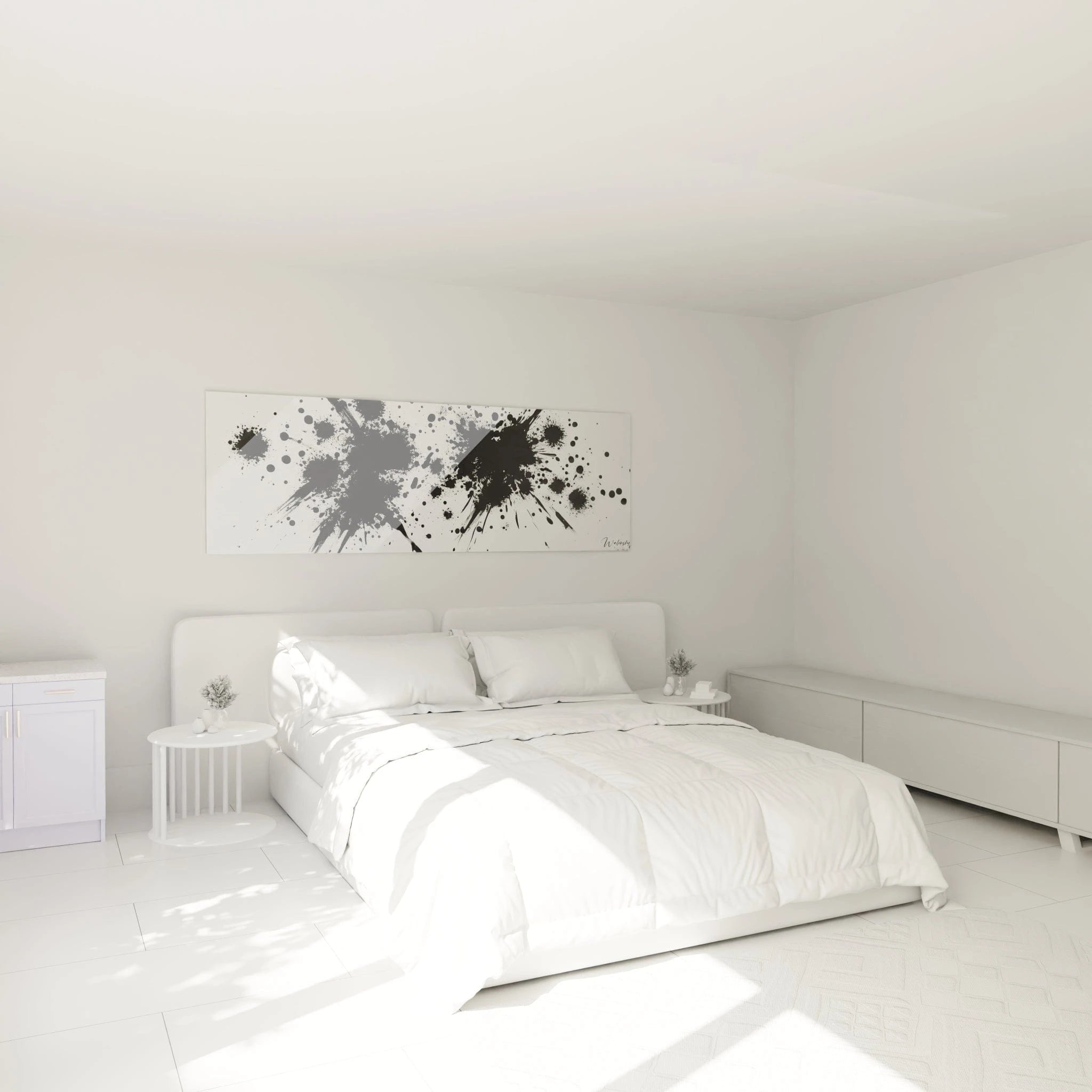 Tableau tacheté noir et blanc Walensky décorant une chambre moderne aux murs blancs