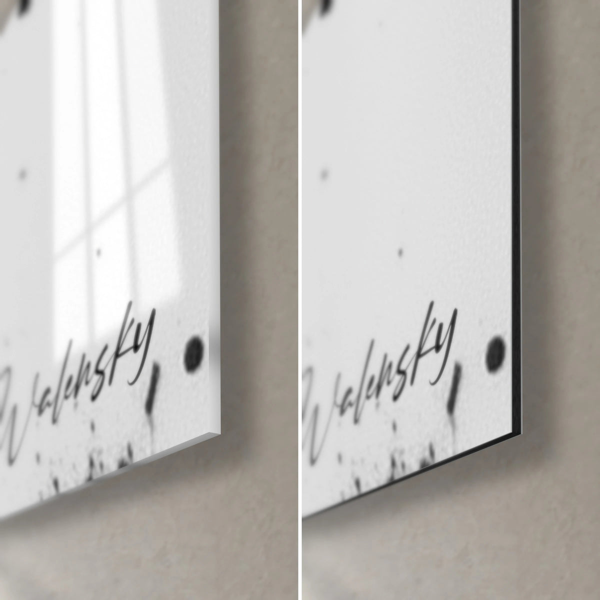 Cuadro con manchas de tinta negra sobre blanco, firma Walensky abajo a la derecha, cristal acrílico brillante que refleja la ventana y Dibond mate
