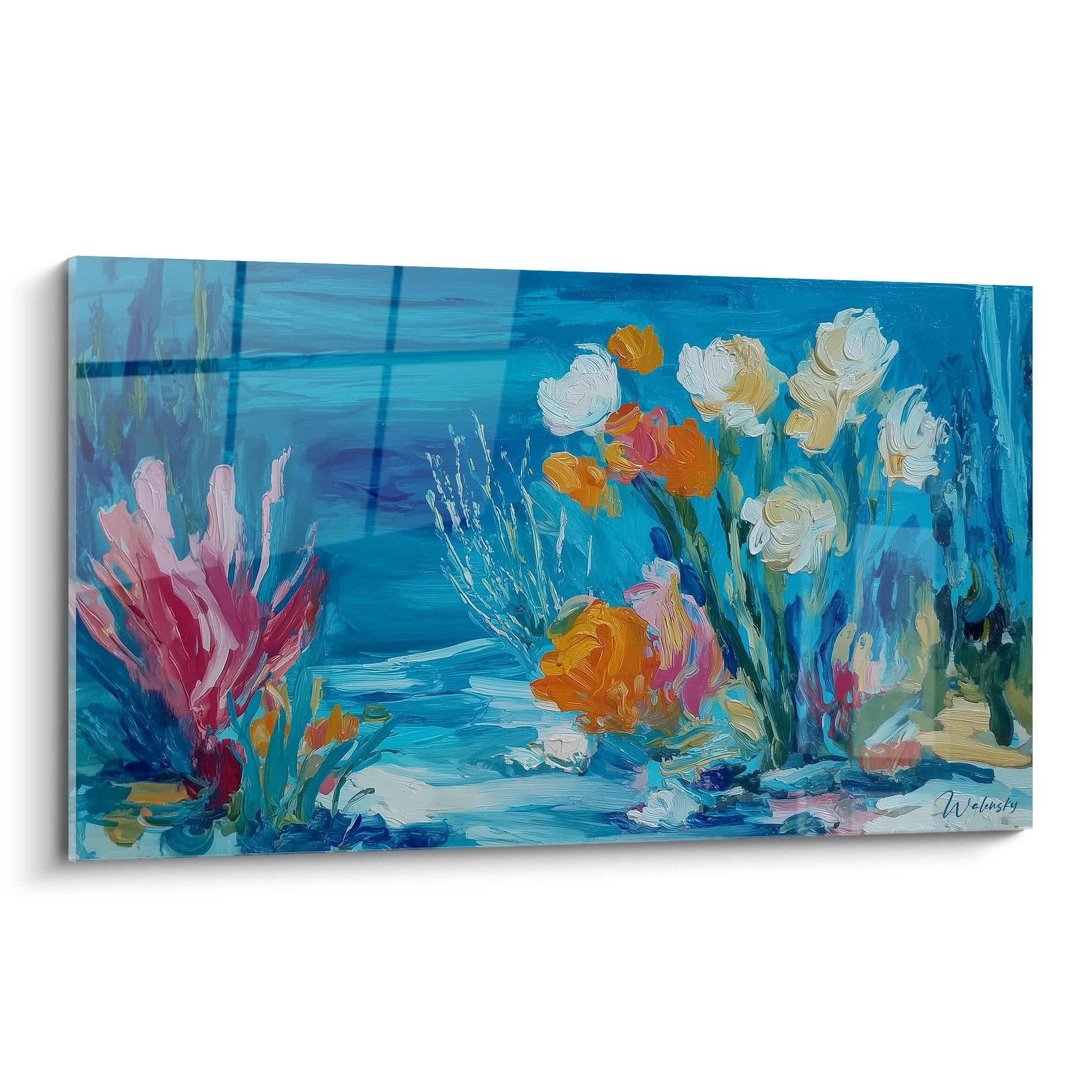 Tableau récif corallien coloré avec coraux blancs orange et roses sur fond bleu océan