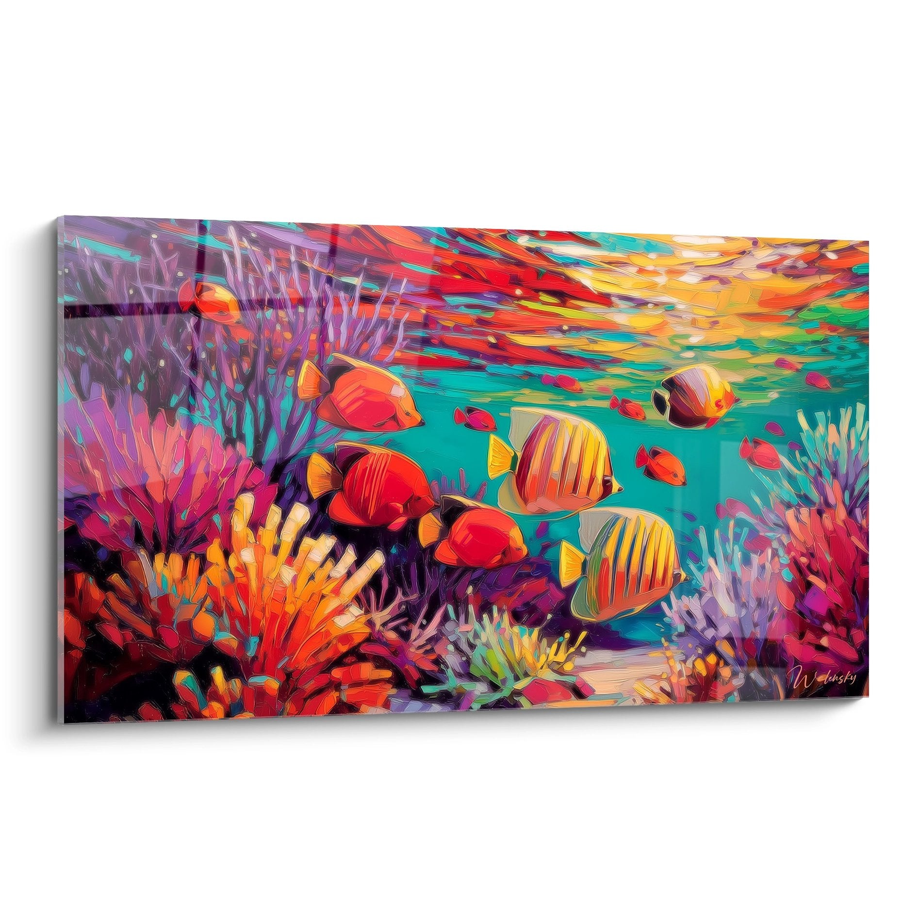 Tableau mural récif corallien coloré avec poissons tropicaux et coraux vibrants style artistique moderne