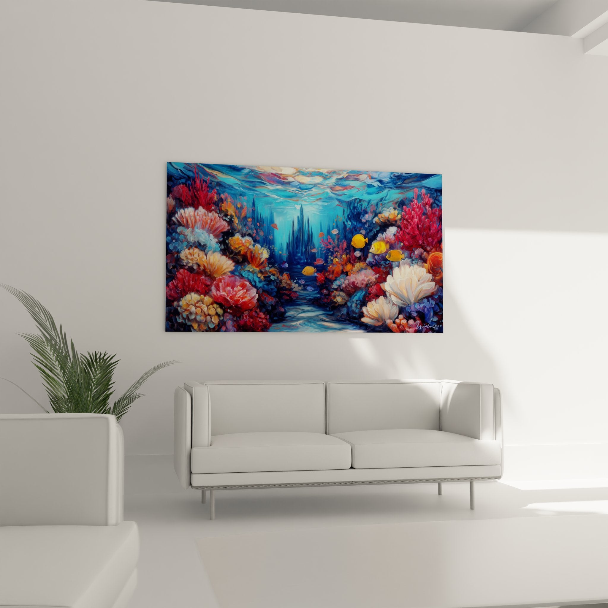 Gros plan détaillé coraux multicolores anémones mer poissons jaunes tableau fonds marins artistique